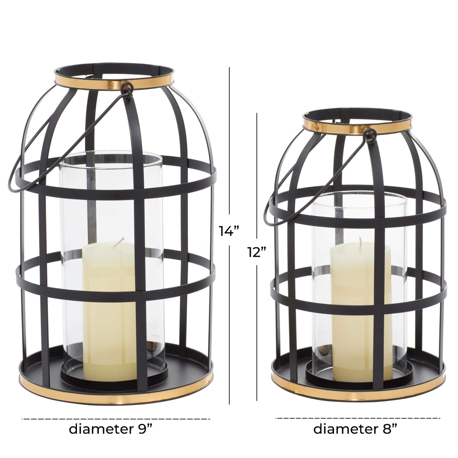 Set of 2&#x22; Black Metal Industrial Lantern , 14&#x22;, 12&#x22;