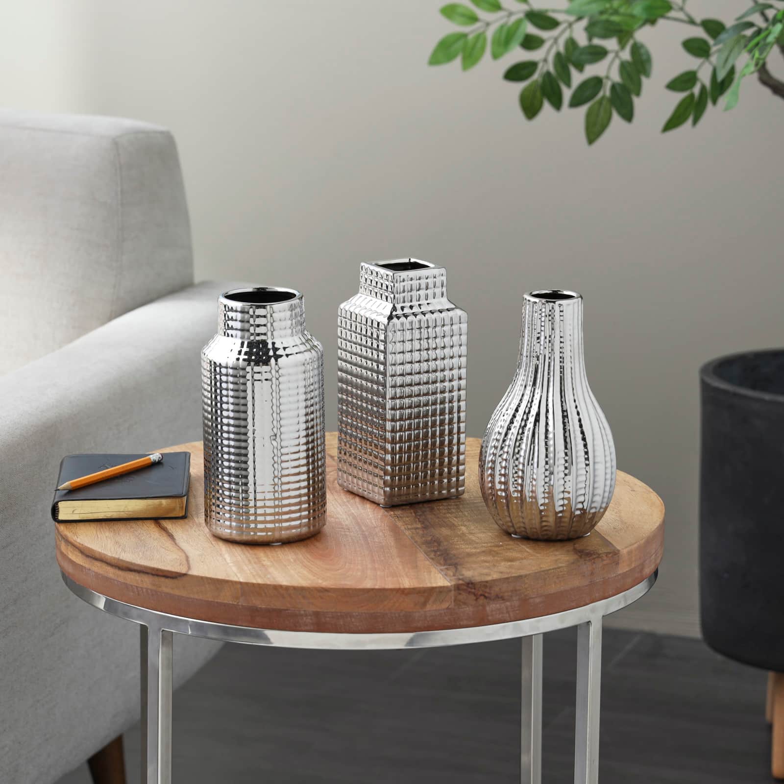 Silver Ceramic Geometric Dimensional Textured Vase Set with Varying Shapes & Grid Patterns
