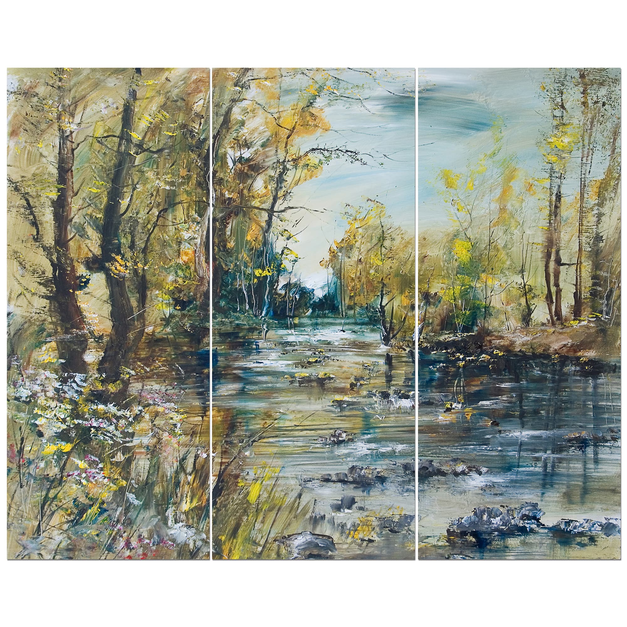 Designart - Rocky River in the Forest - Landscapes Painting Print on Wrapped Canvas set