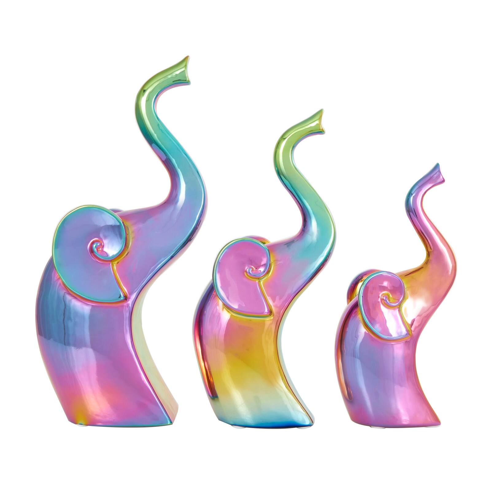 Multicolor Ceramic Elephant Sculpture Set with Rainbow Shimmer Finish