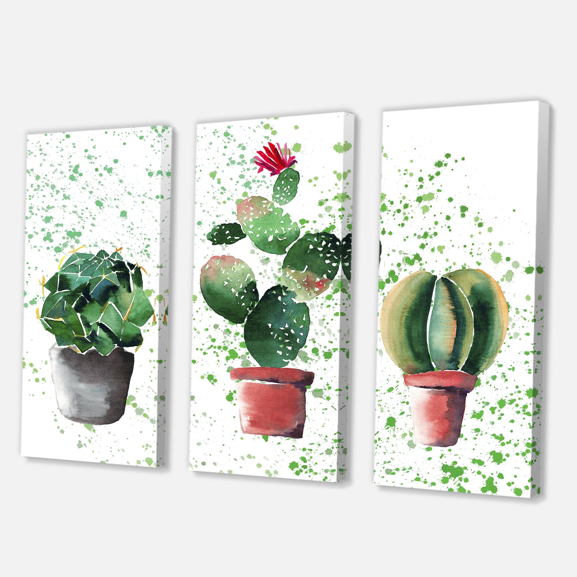 Designart - Three Cacti In Clay Pots - Traditional Canvas Wall Art Print