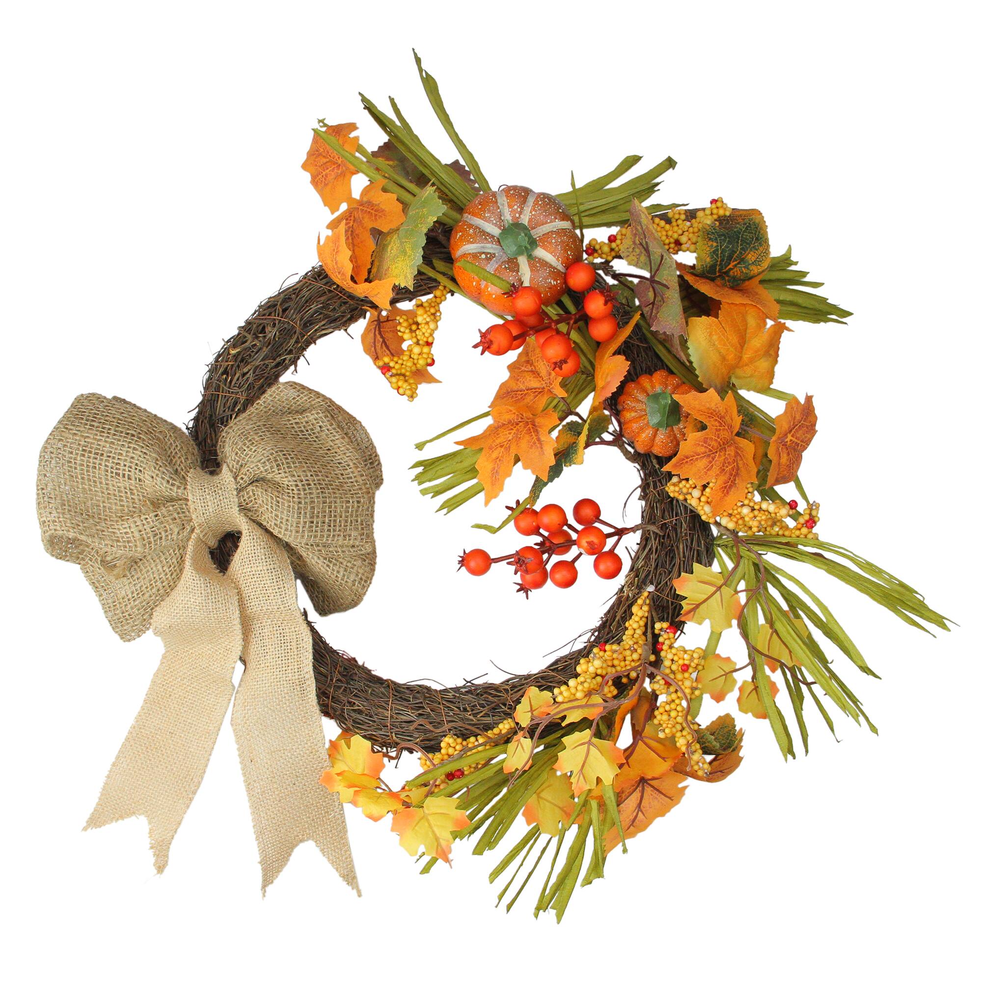 20" Autumn Harvest Decorative Artificial Pumpkins, Berries and Leaves Wreath with Burlap Bow