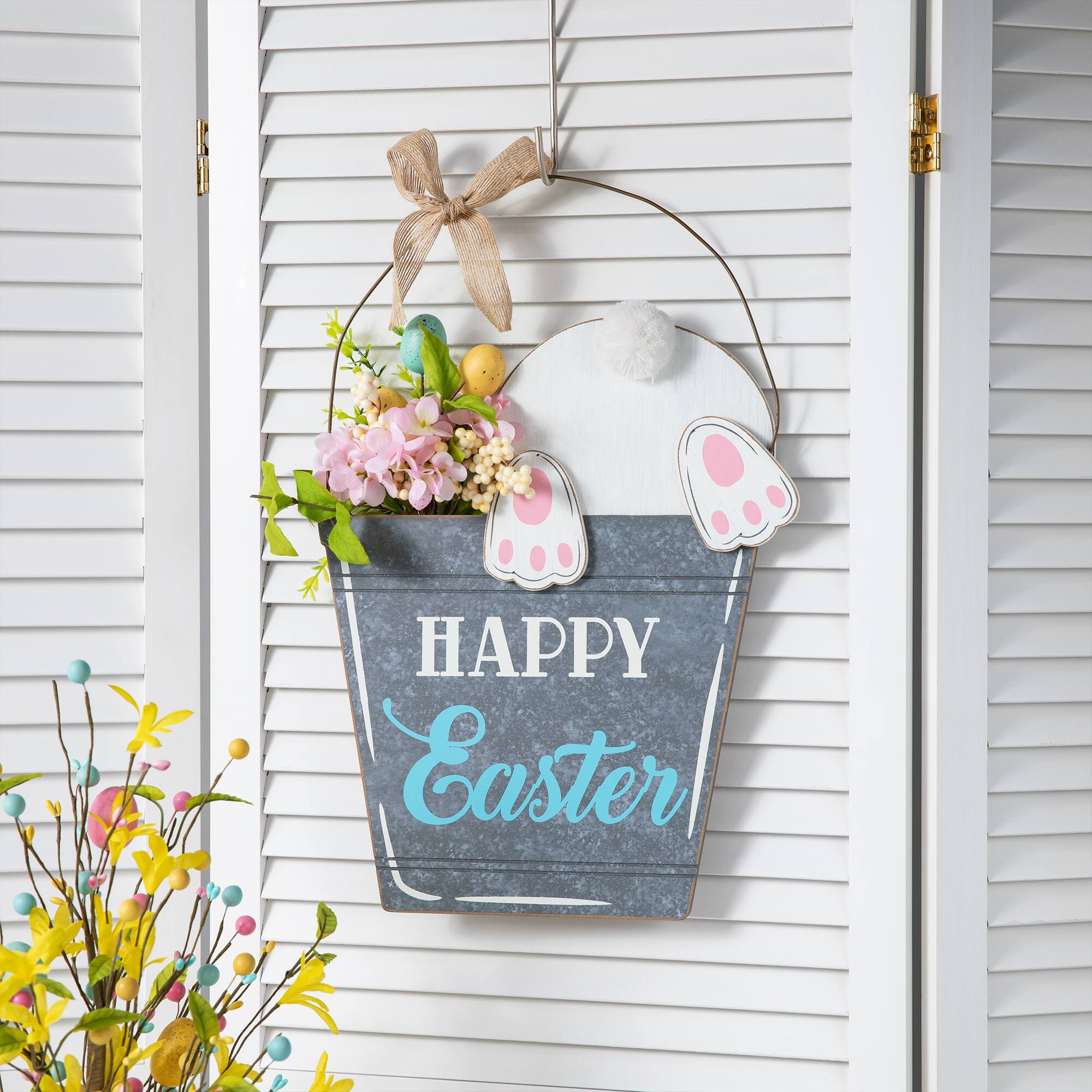 Glitzhome&#xAE; 18&#x22; Easter Wooden Bunny Eggs Wall D&#xE9;cor