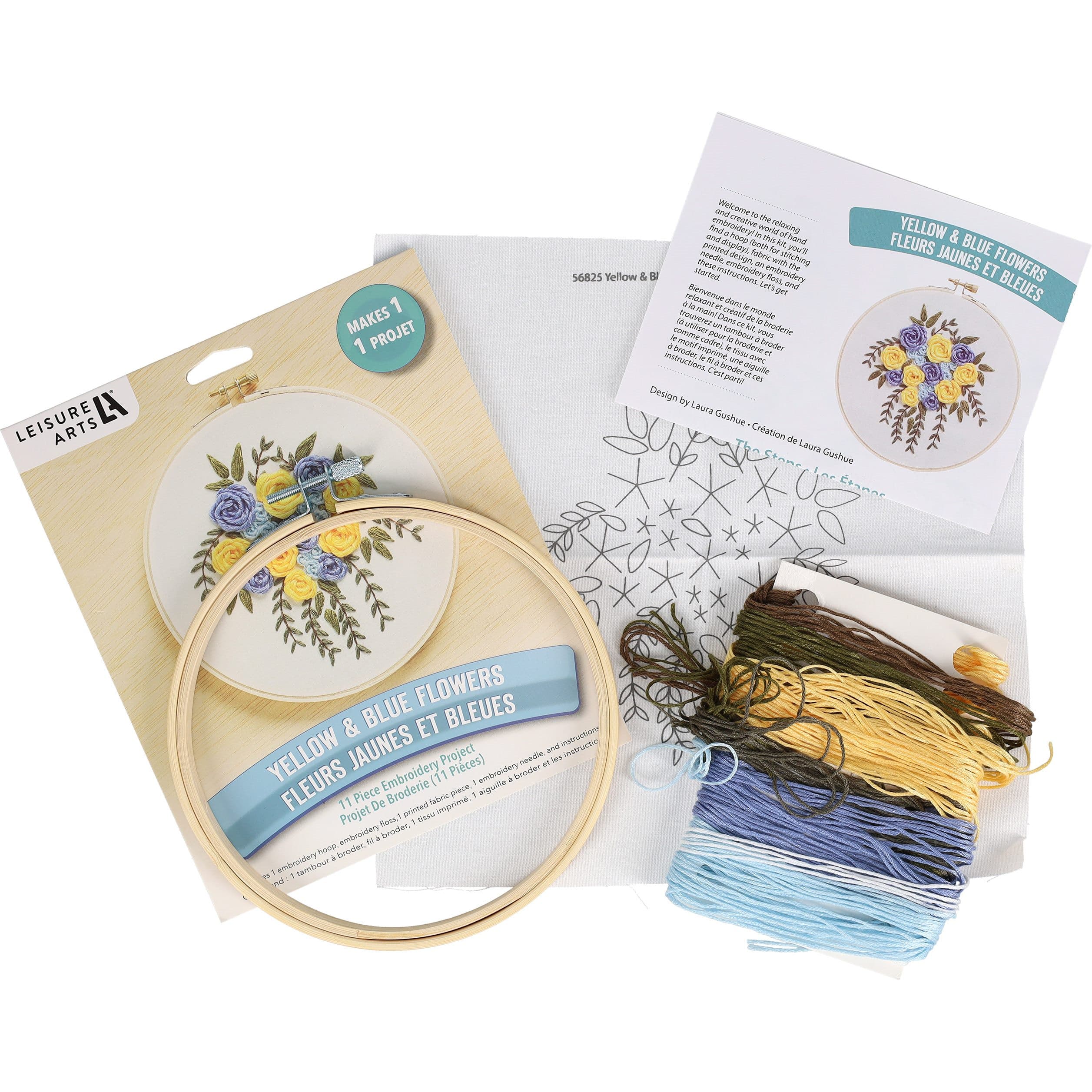 Leisure Arts&#xAE; 6&#x22; Yellow &#x26; Blue Flowers Embroidery Kit
