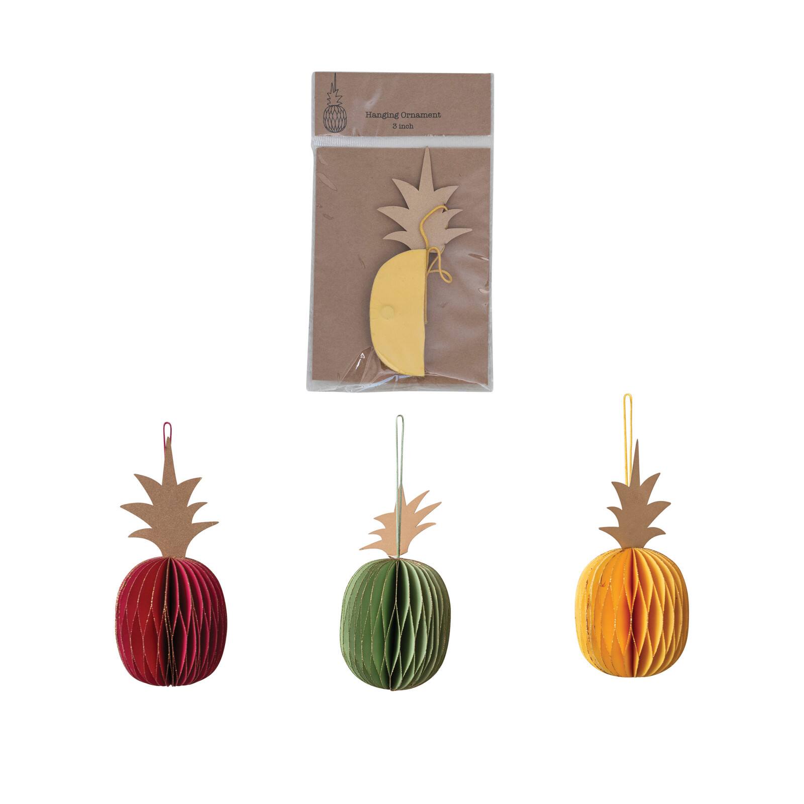 Hello Honey&#xAE; 3&#x22; Handmade Recycled Paper Honeycomb Pineapple Ornament with Glitter Edge Set
