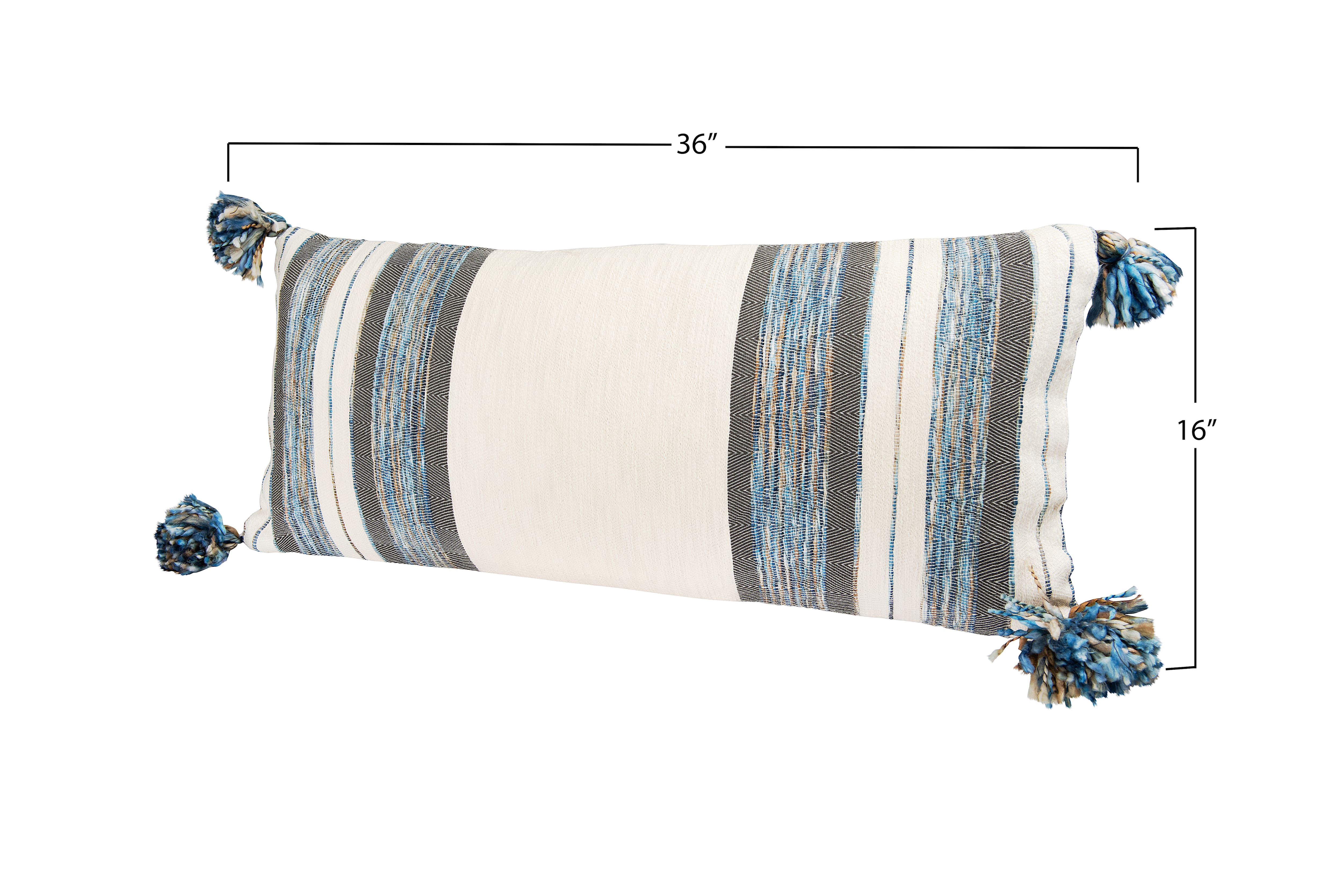 Cotton Lumbar Pillow with Embroidered Curved Pattern & Tassels, Cream Color & Blue