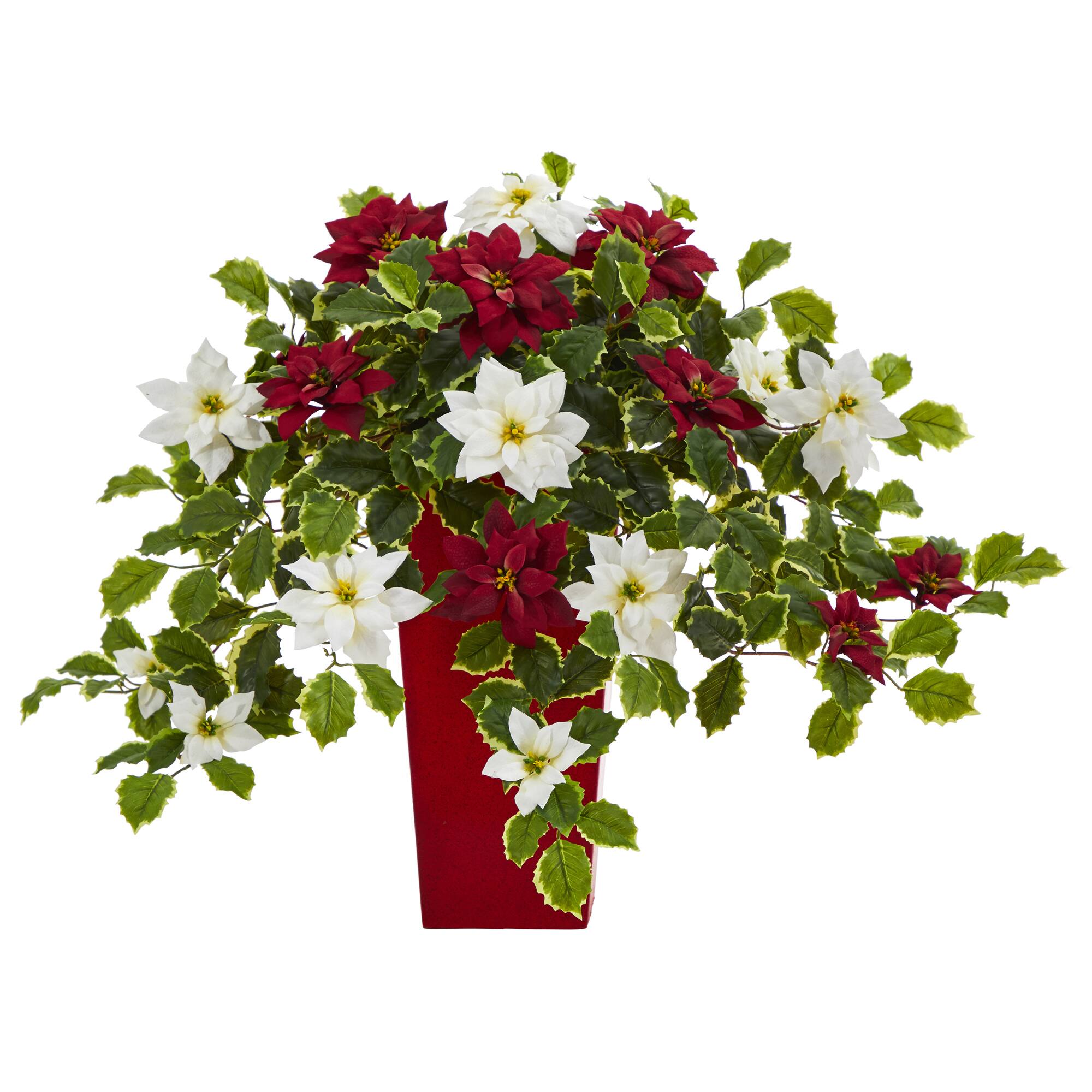 23” Poinsettia & Variegated Holly Artificial Plant in Red Decorative Planter