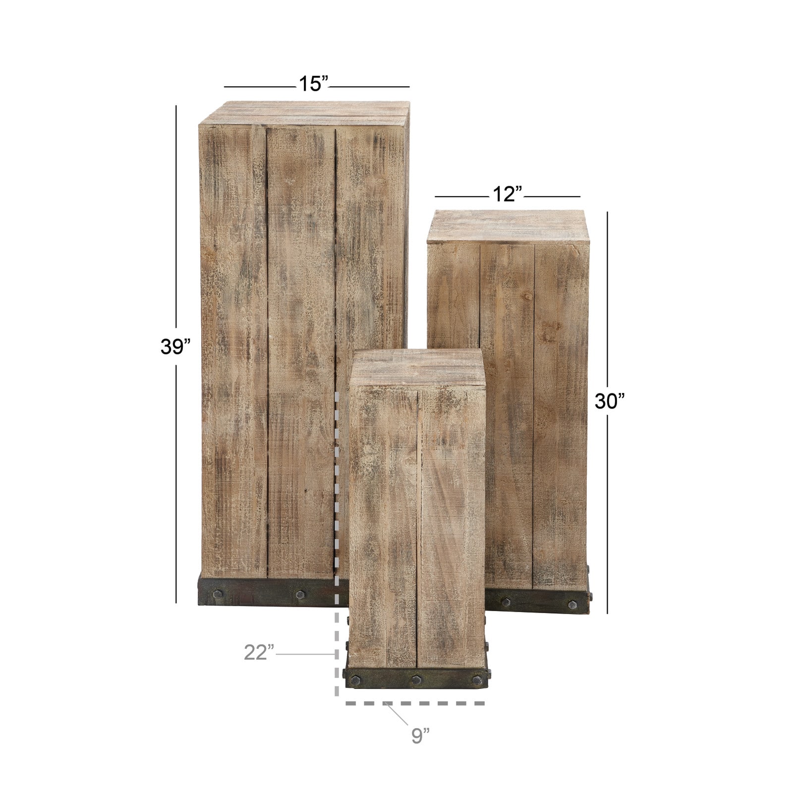 Set of 3&#x22; Brown Wood Rustic Pedestal Table, 39&#x22;, 30&#x22;, 22&#x22;