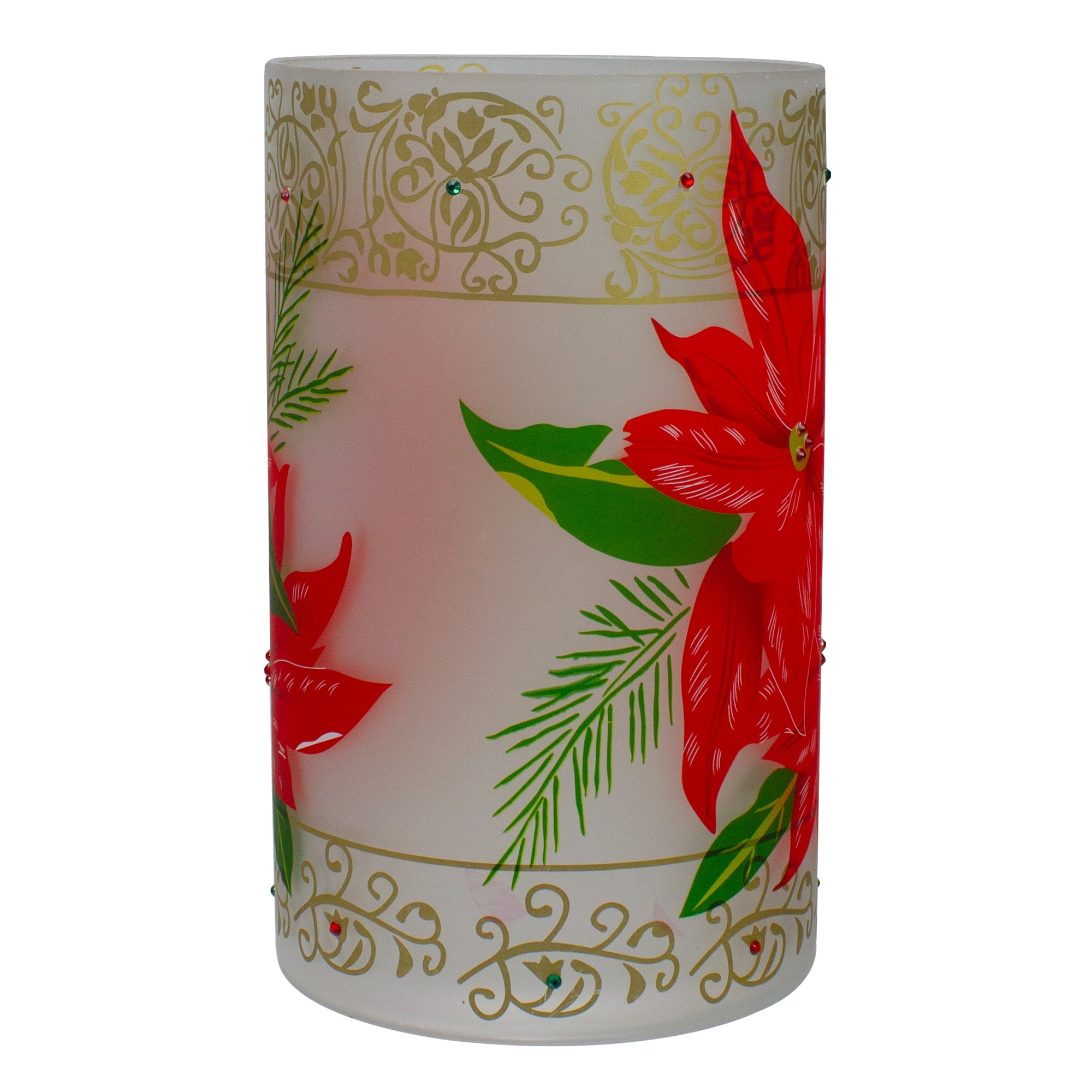 10&#x22; Poinsettias &#x26; Gold Flameless Glass Christmas Candle Holder