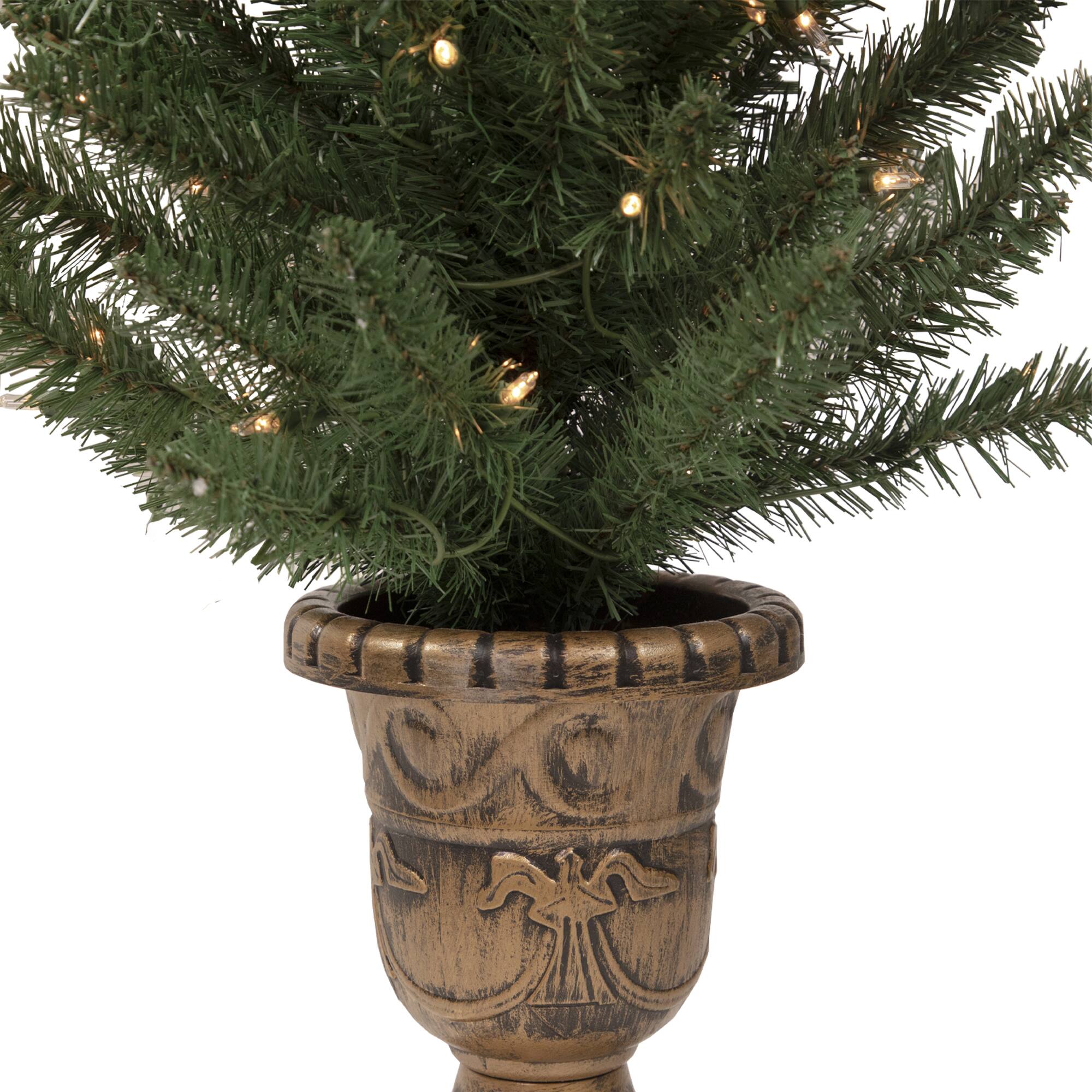 2 Pack 4ft. Pre-Lit Porch Pine Topiary Artificial Potted Christmas Trees, Clear Lights