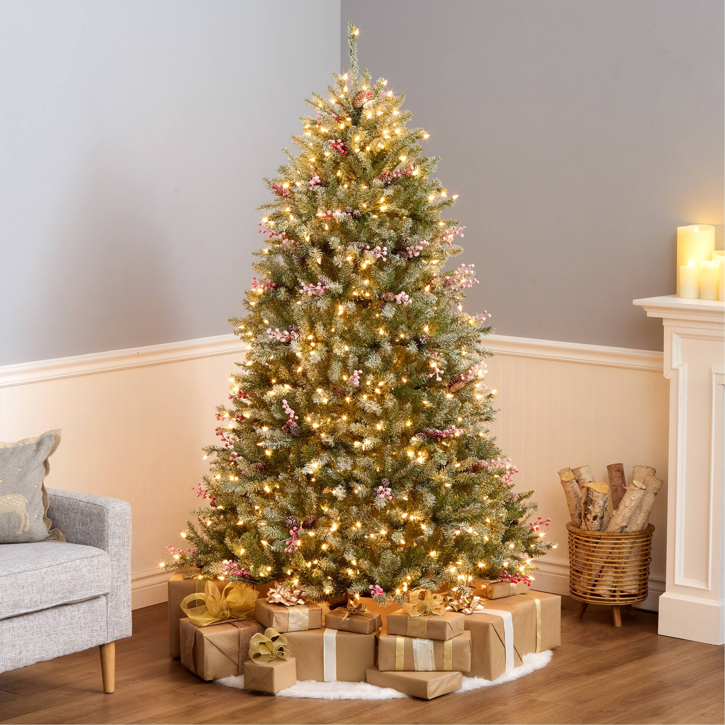 6.5 ft. Pre-Lit Flocked Dunhill® Fir Full Artificial Christmas Tree, Clear Lights