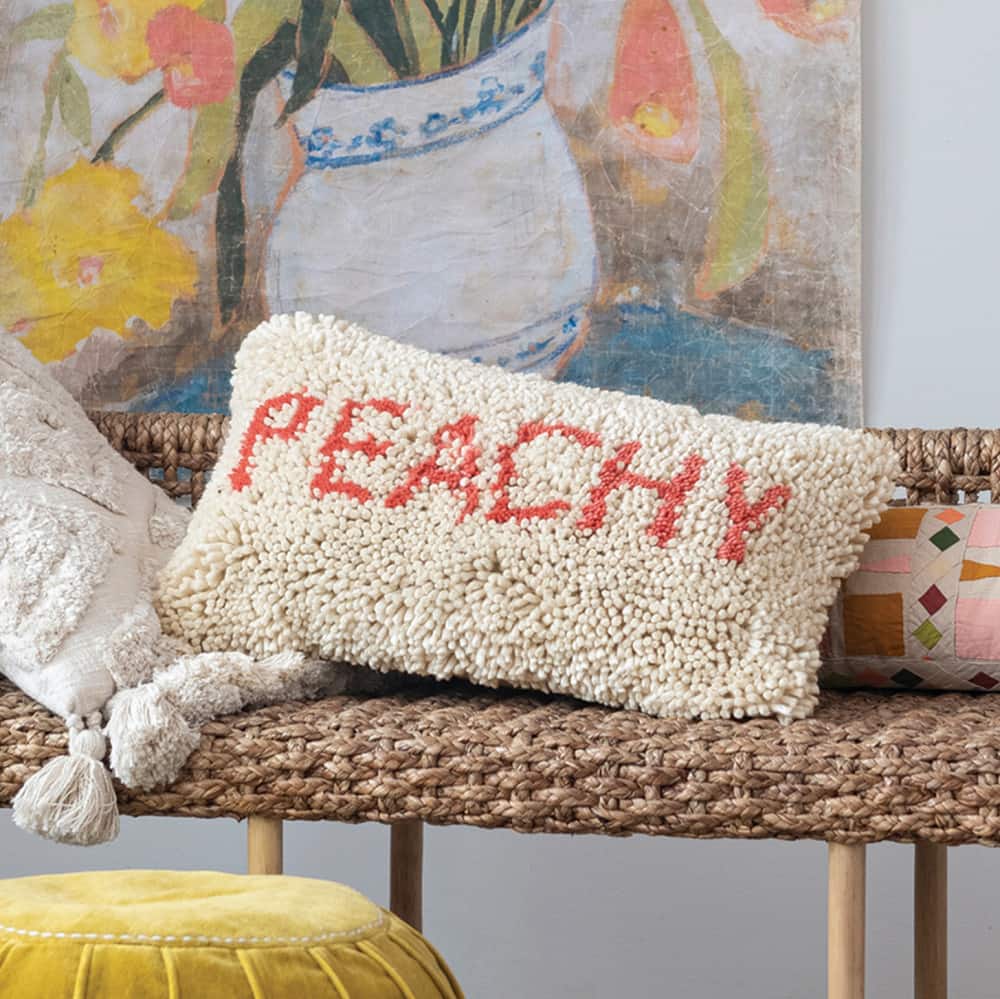 Hello Honey® Cream & Red "Peachy" Tufted Wool & Cotton Lumbar Pillow