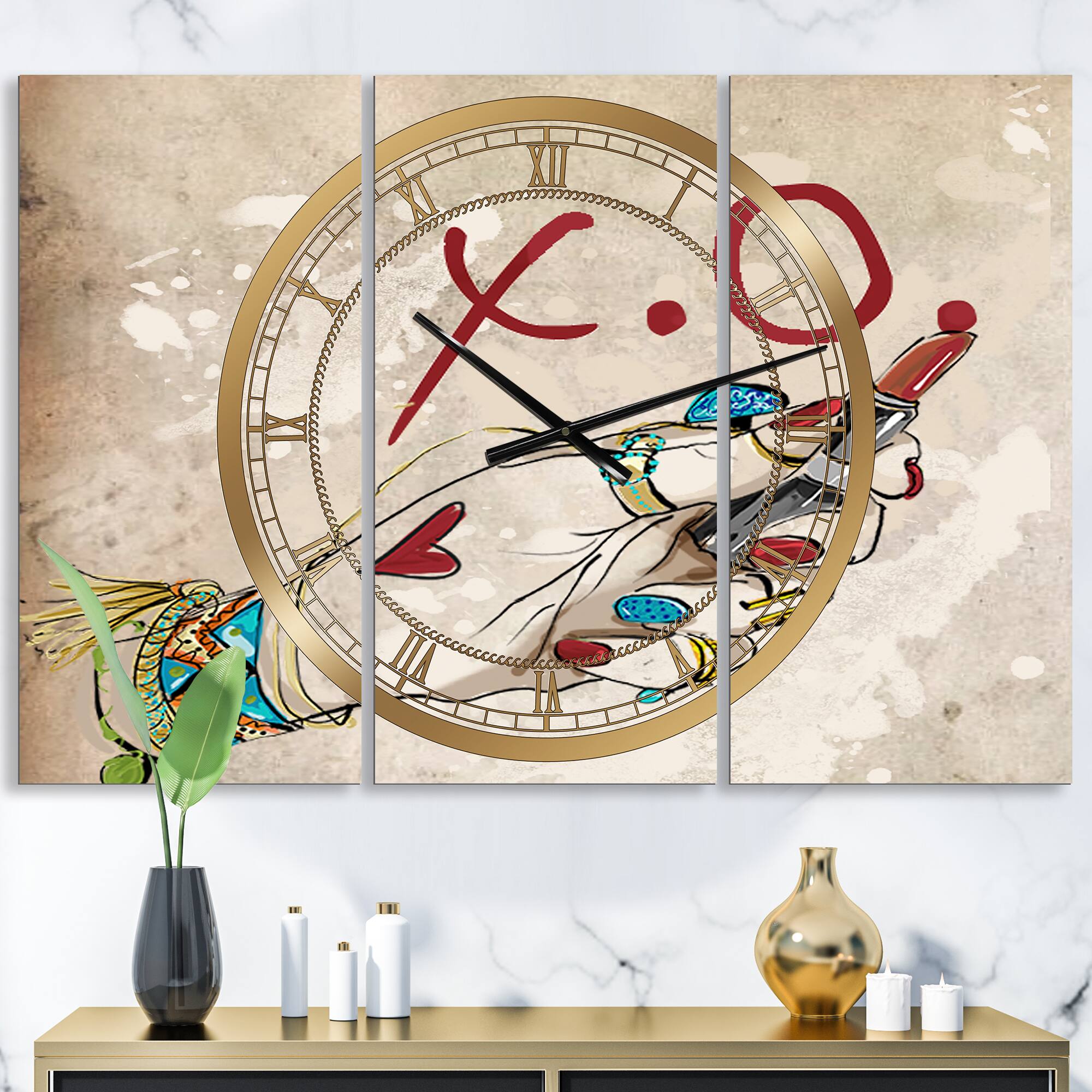 Designart 'Gypsy Hippy Hand Lipstick Xo Large Cottage Multipanel Wall Clock