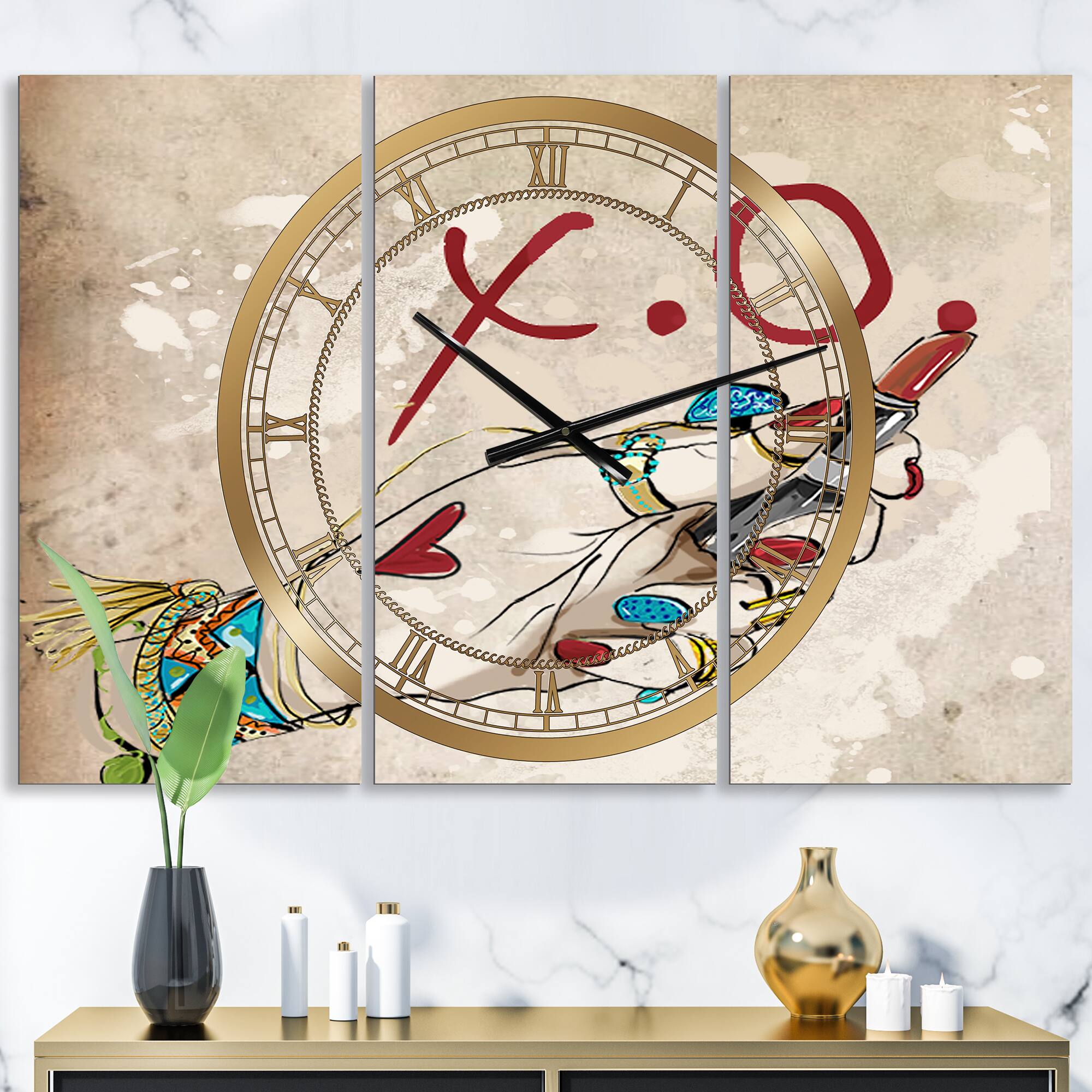 Designart &#x27;Gypsy Hippy Hand Lipstick Xo Large Cottage Multipanel Wall Clock