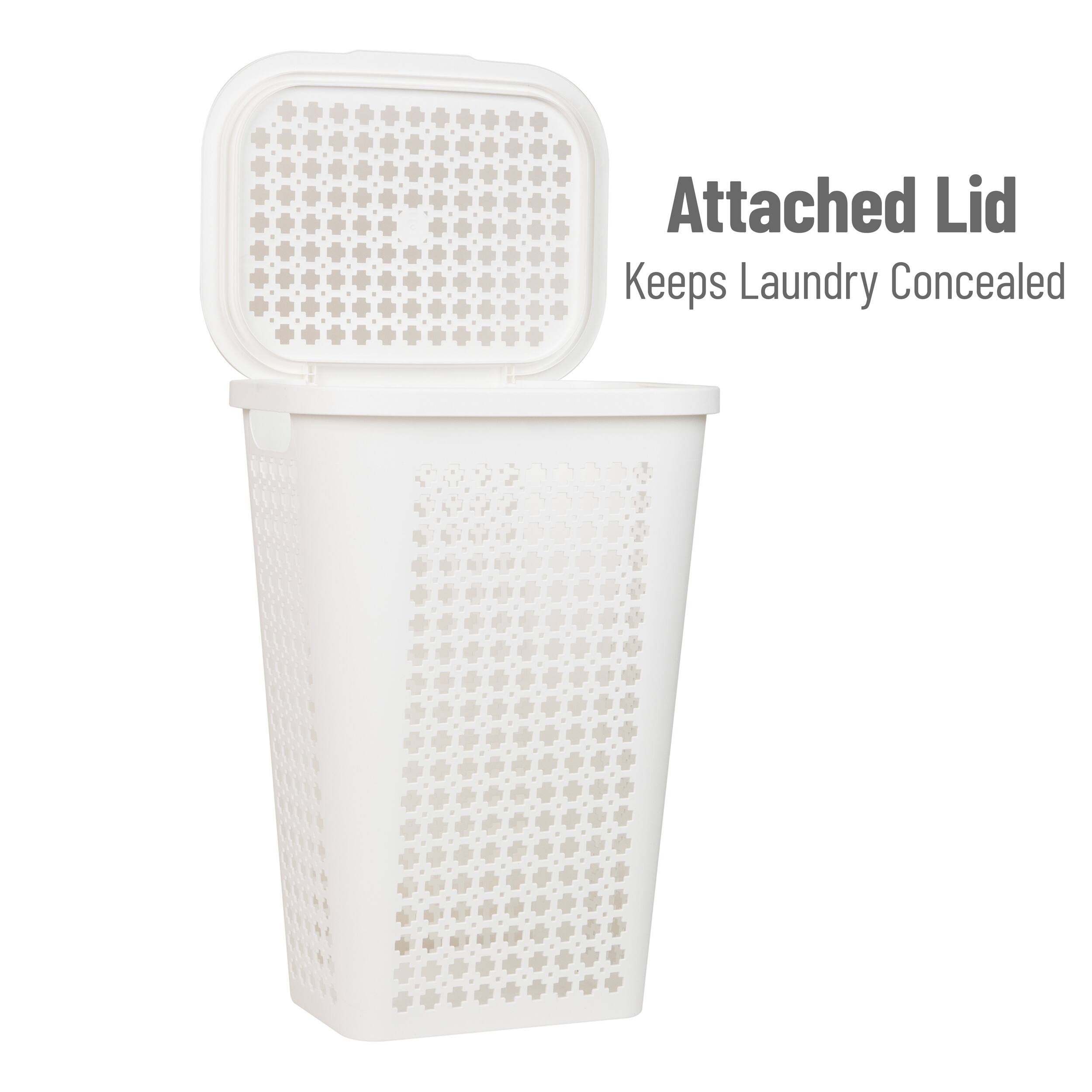 Mind Reader 50L Tapered Laundry Hamper with Swiss Cross Cut-Outs, White