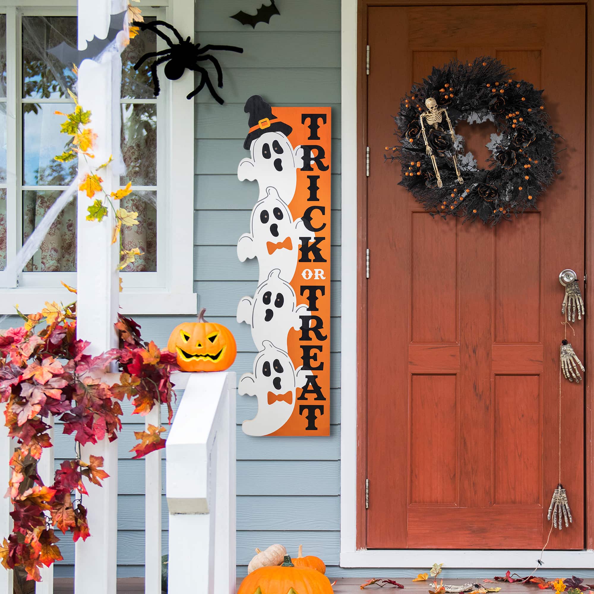 Glitzhome&#xAE; 42&#x22;H Lighted Halloween Wooden Stacked Ghost Porch Sign with Timer