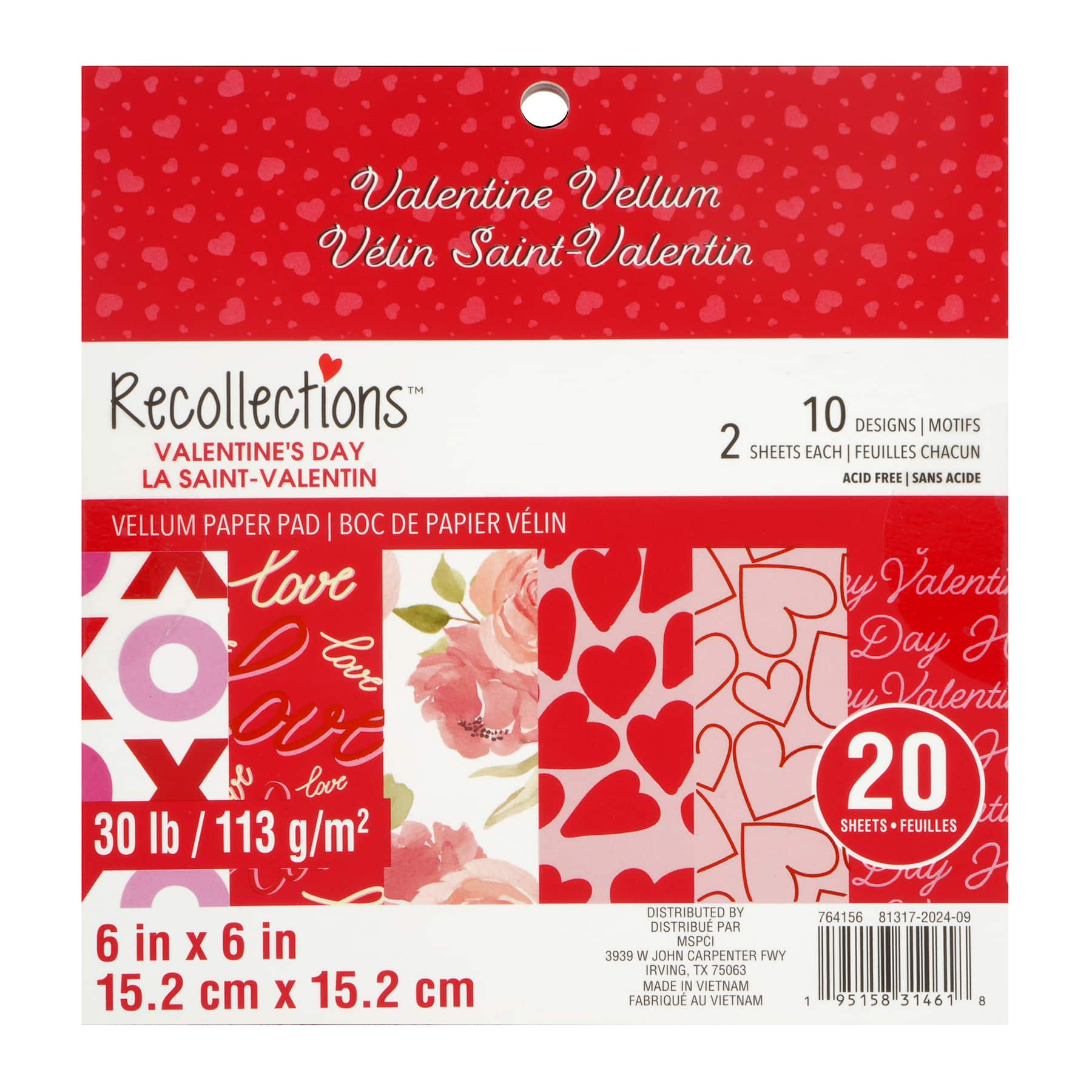 Valentine&#x27;s Day 6&#x22; x 6&#x22; Vellum Paper Pad by Recollections&#x2122;, 20 Sheets