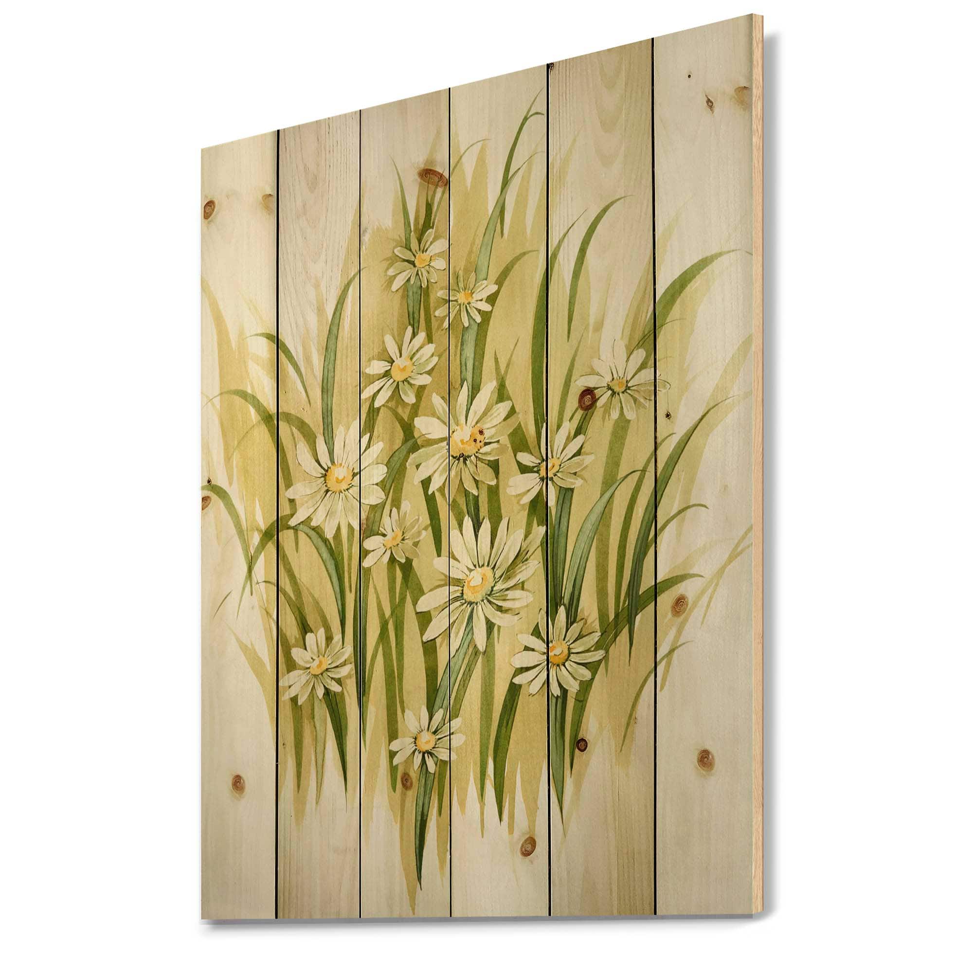 Designart - White Meadow Flowers - Traditional Print on Natural Pine Wood