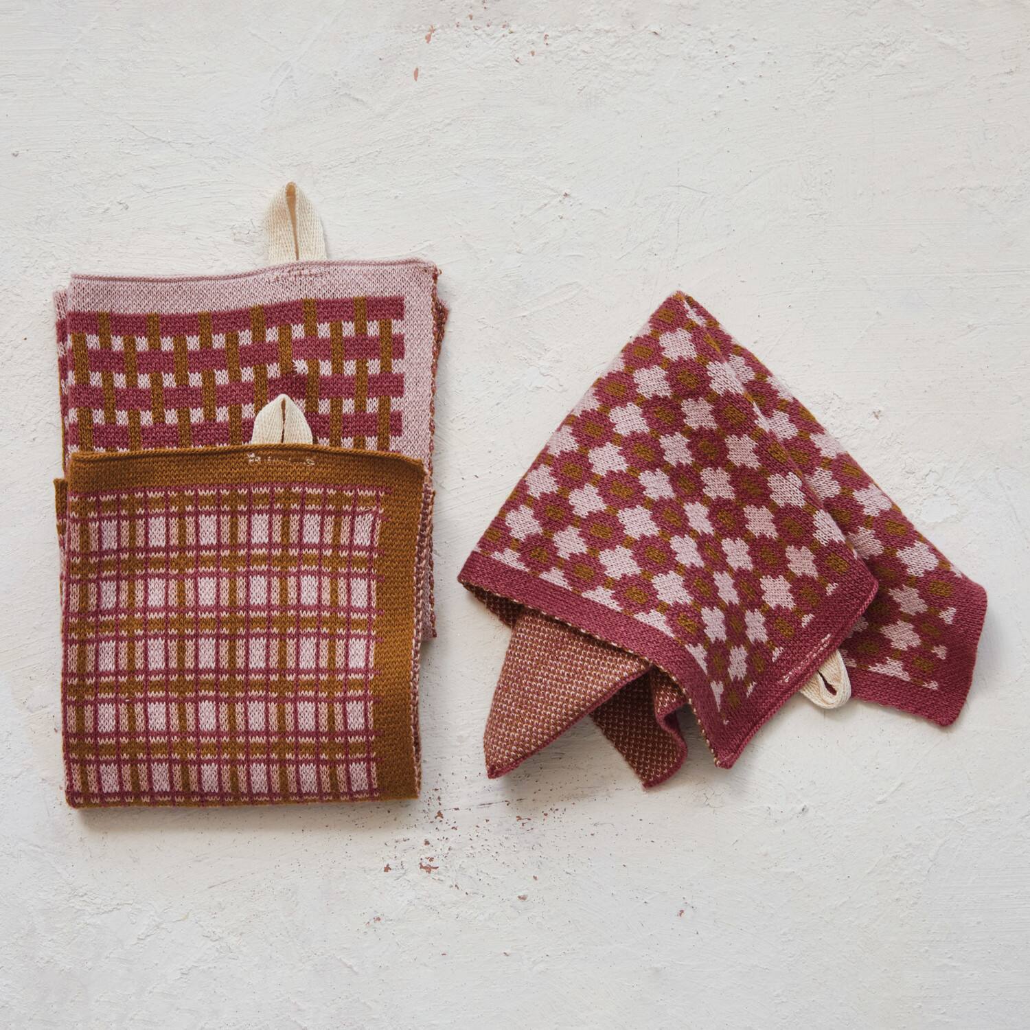 Hello Honey&#xAE; Pink, Peach &#x26; Cream, Mixed Square Print Cotton Knit Dish Towel Set