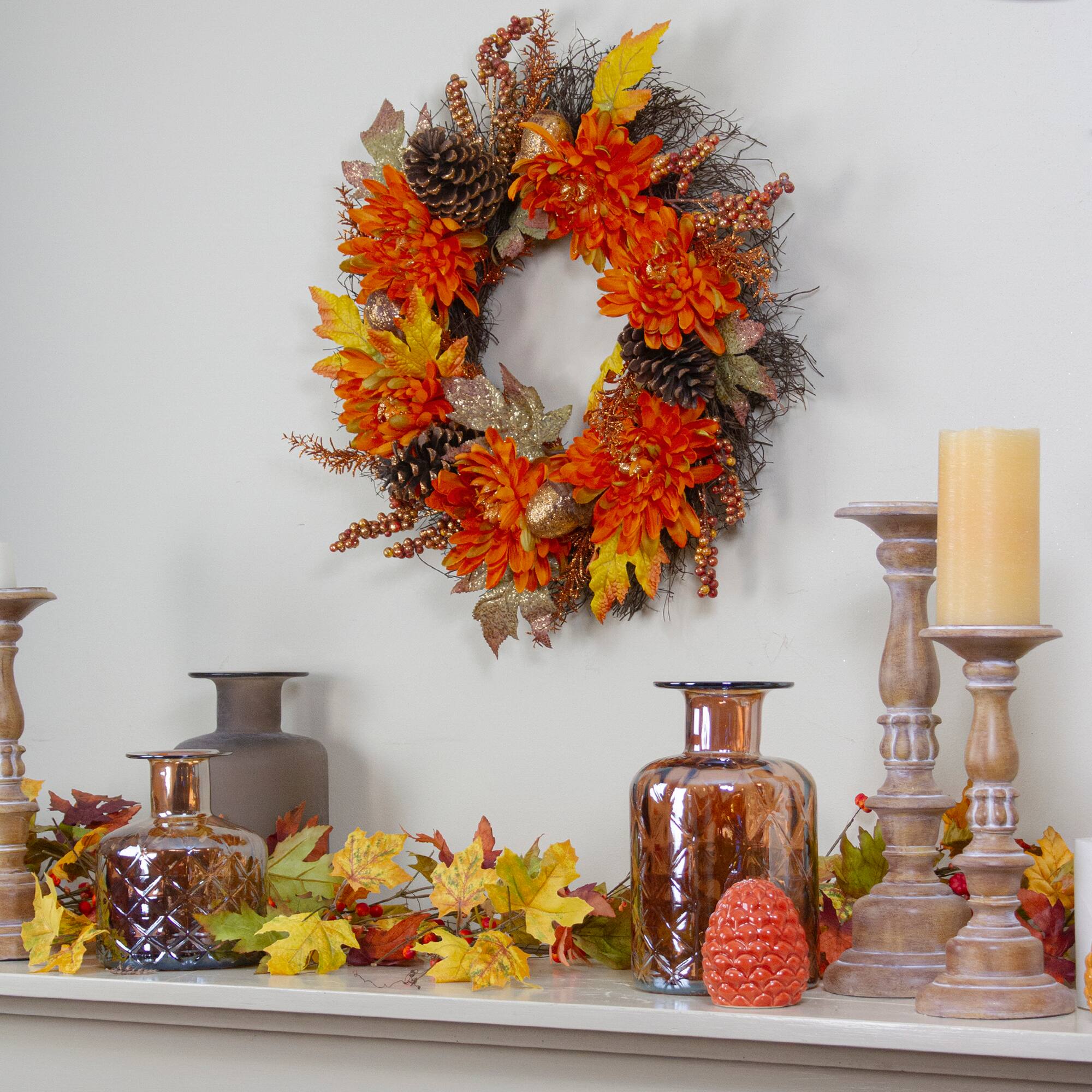 22&#x27;&#x27; Mums &#x26; Acorns Floral Twig Artificial Wreath