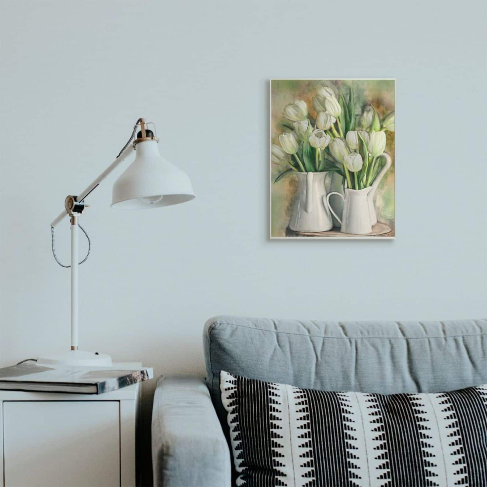 Stupell Industries White Tulips in Pitchers Wooden Wall Plaque