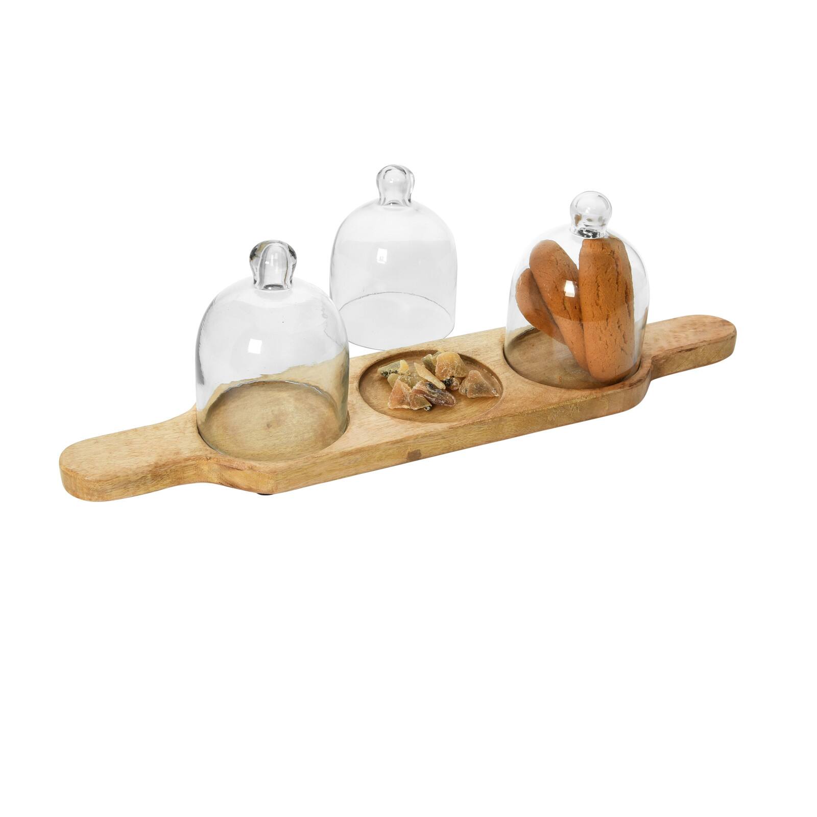 Hello Honey&#xAE; Mango Wood Serving Tray with 3 Glass Cloches Set