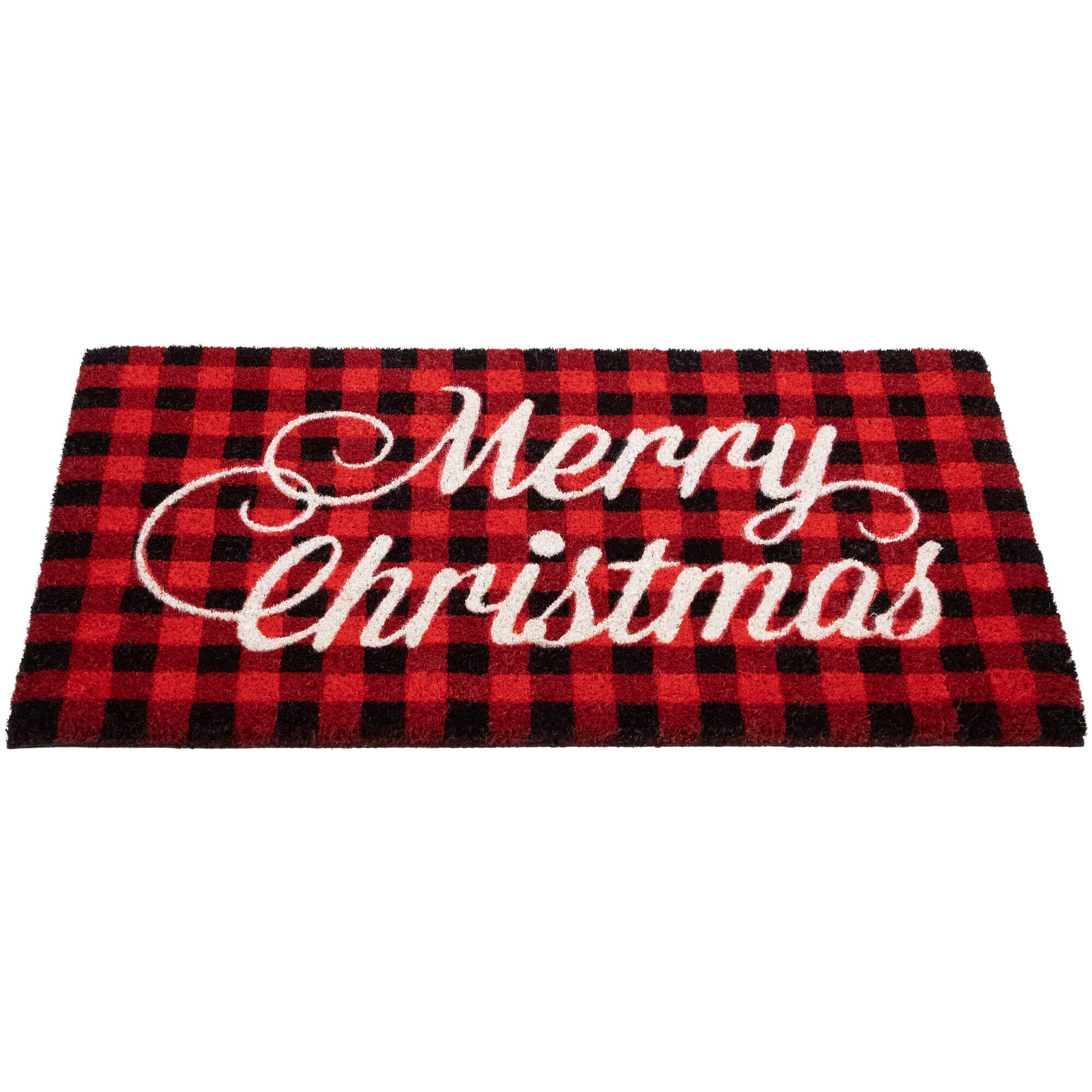 Red and Black Plaid &#x22;Merry Christmas&#x22; Natural Coir Christmas Outdoor Doormat 18&#x22; x 30&#x22;