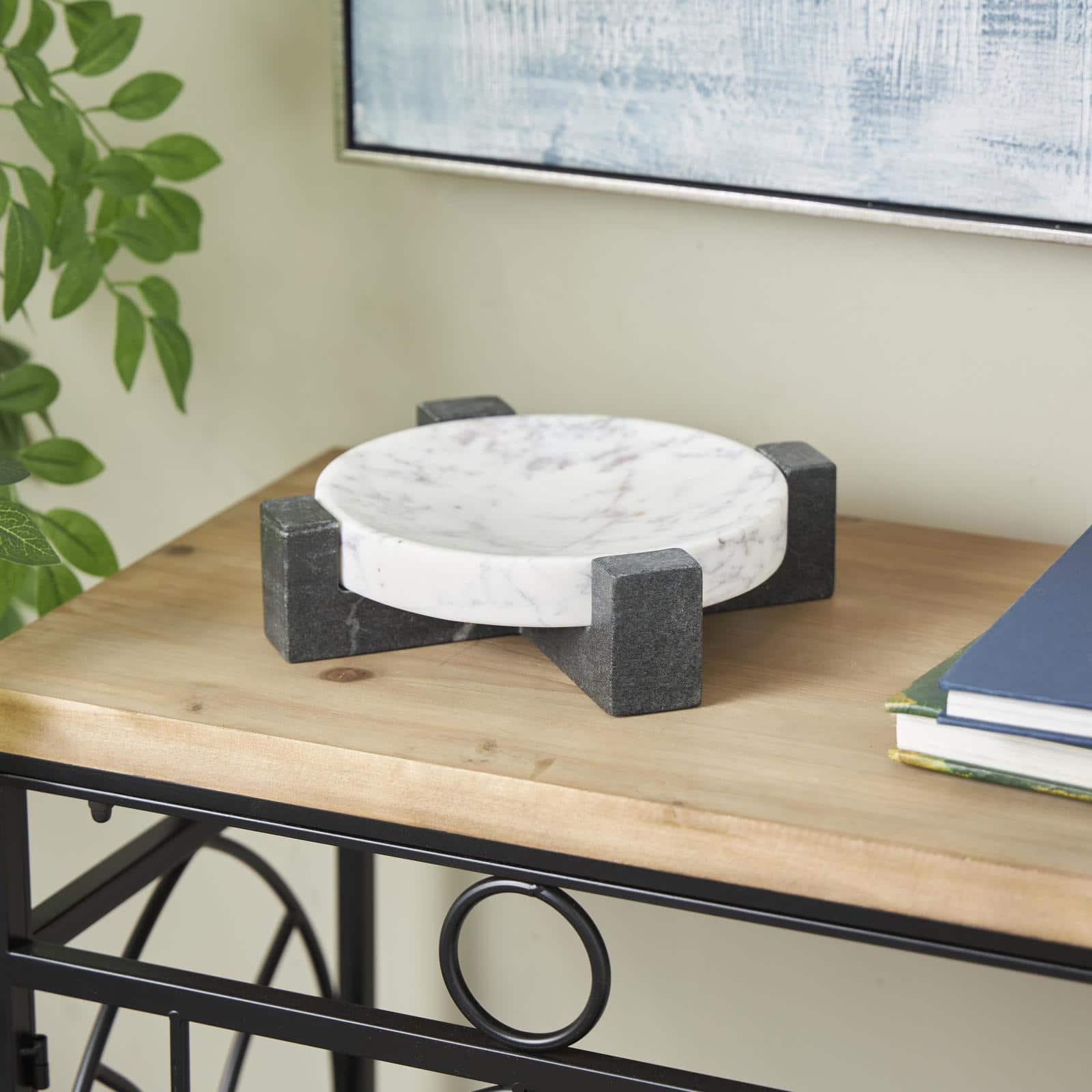 8.25&#x22; White Marble Round Tray with Black X-Shaped Base