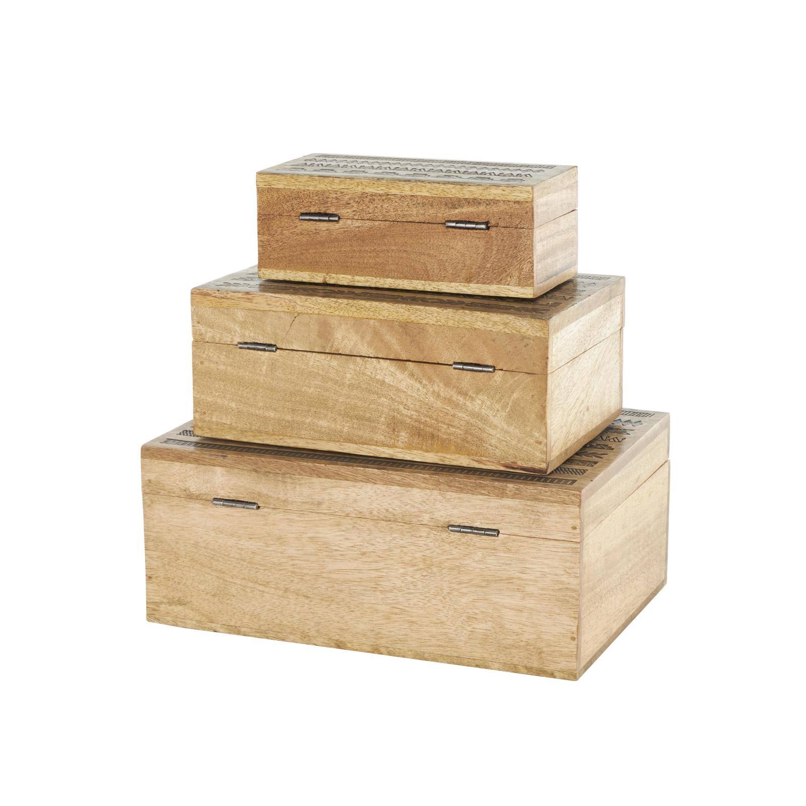 Brown Handmade Storage Box Set with Black Tribal Carvings &#x26; Gold Accents