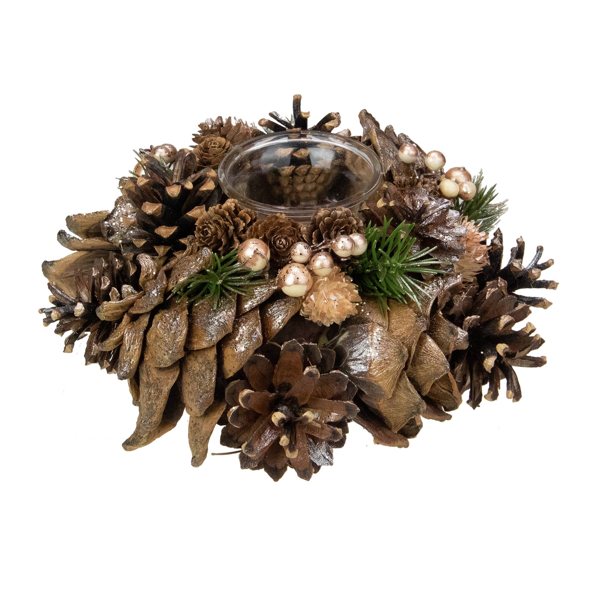7.25&#x22; Autumn Artificial Foliage Pine Cone Votive Candle Holder