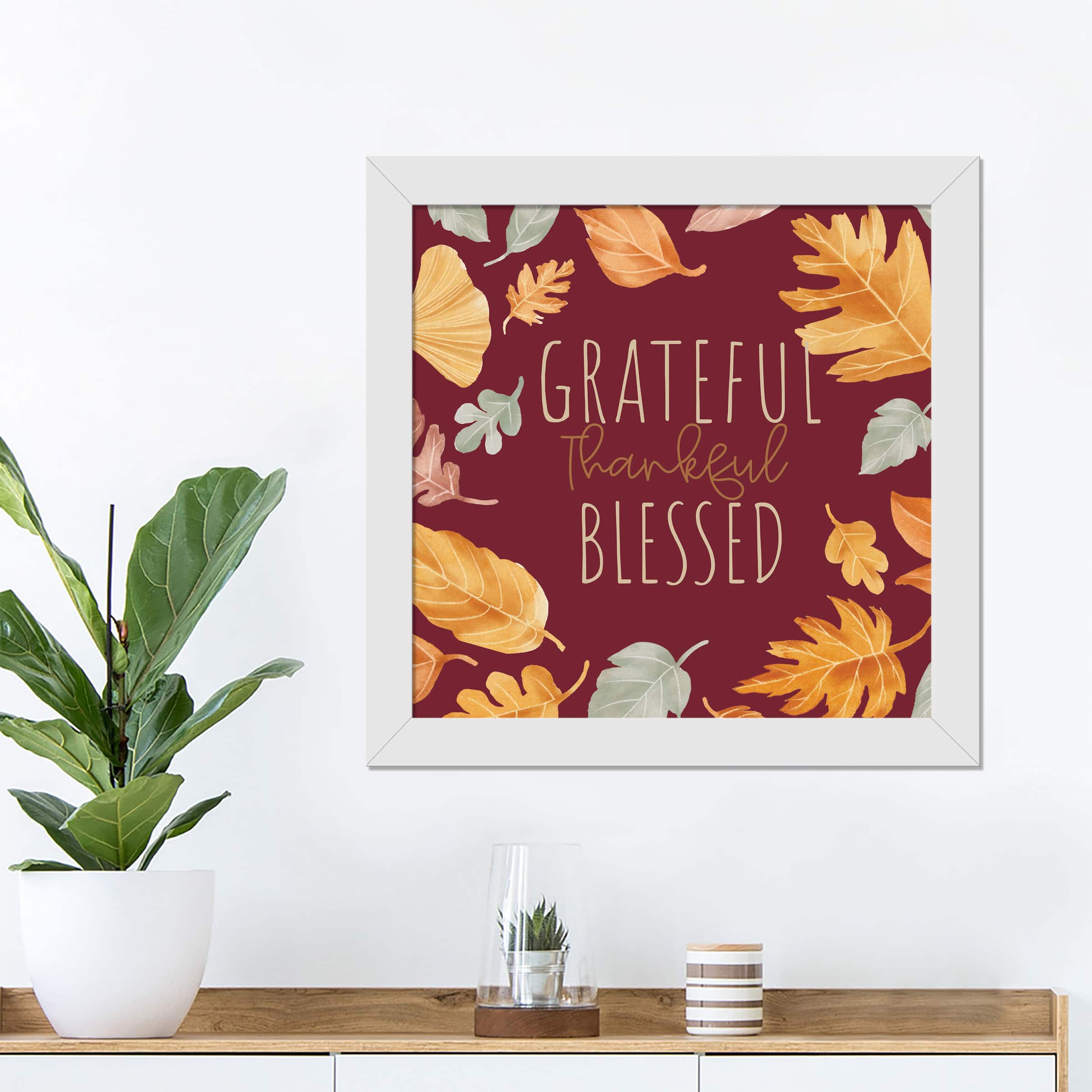 Grateful Thankful Blessed White Framed Print Under Plexiglass