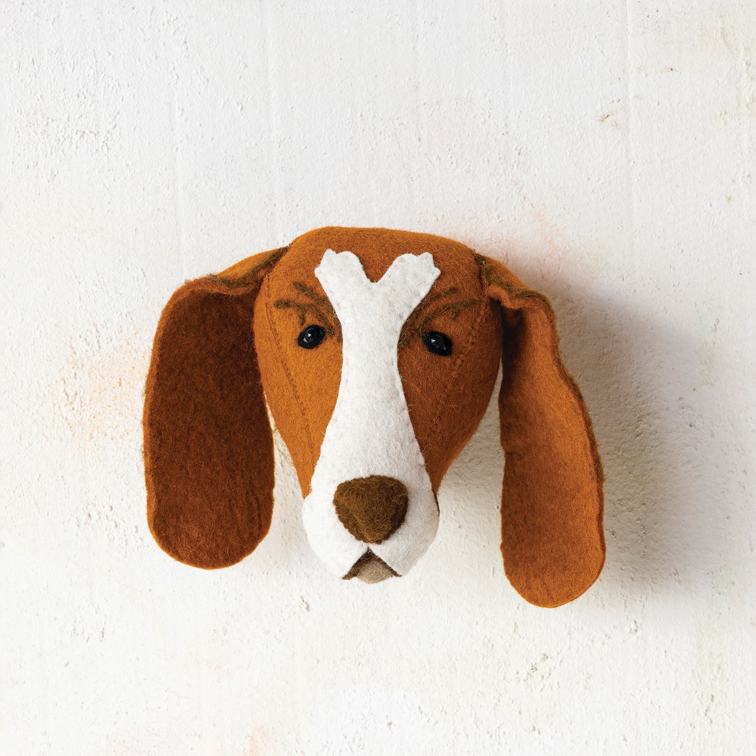 7.5&#x22; Brown &#x26; Cream Handmade Wool Felt Dog Head Wall Hanging