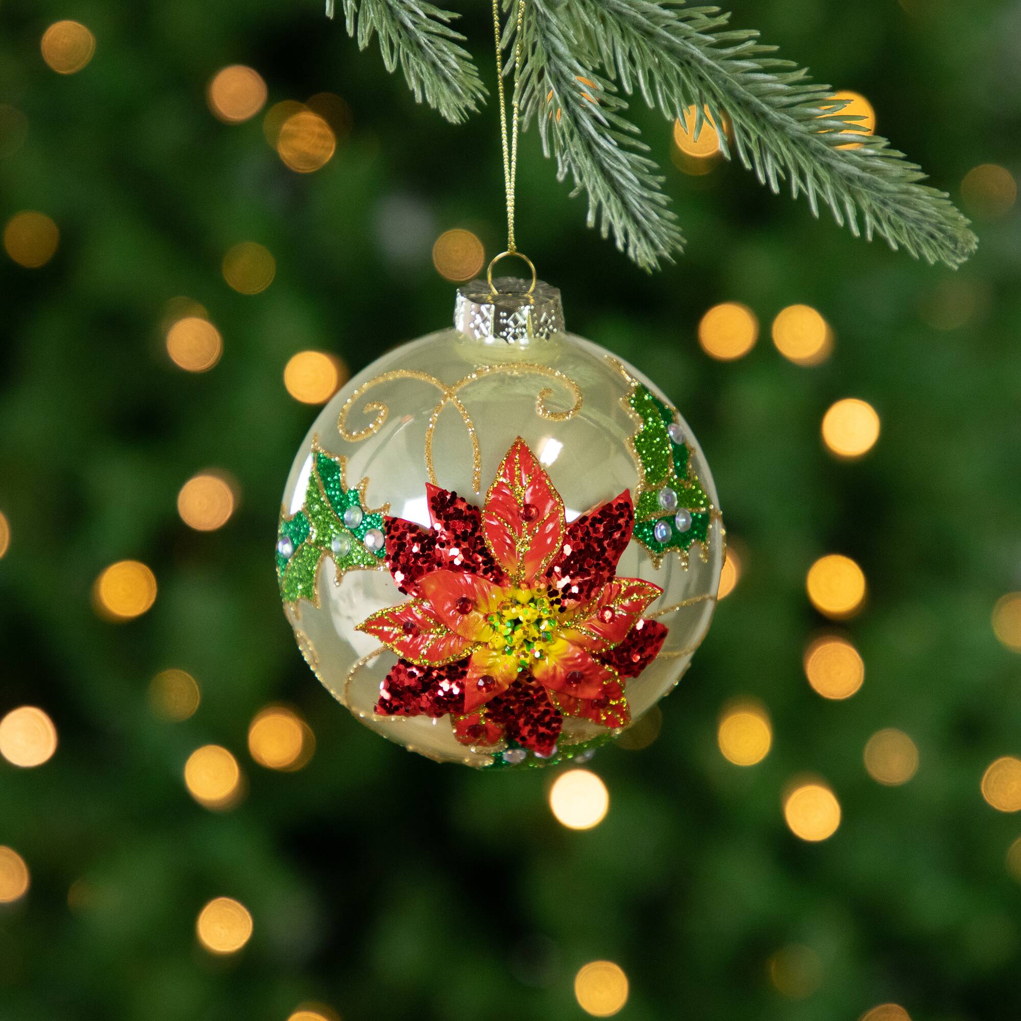 4" Red Glittered 2-D Poinsettia Glass Ball Ornament