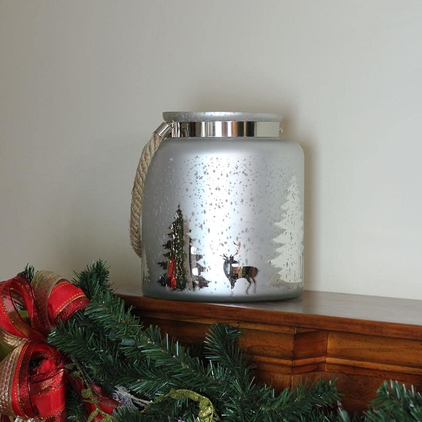 9.5&#x22; Reindeer &#x26; Tree Silhouette Pillar Candle Holder with Handle