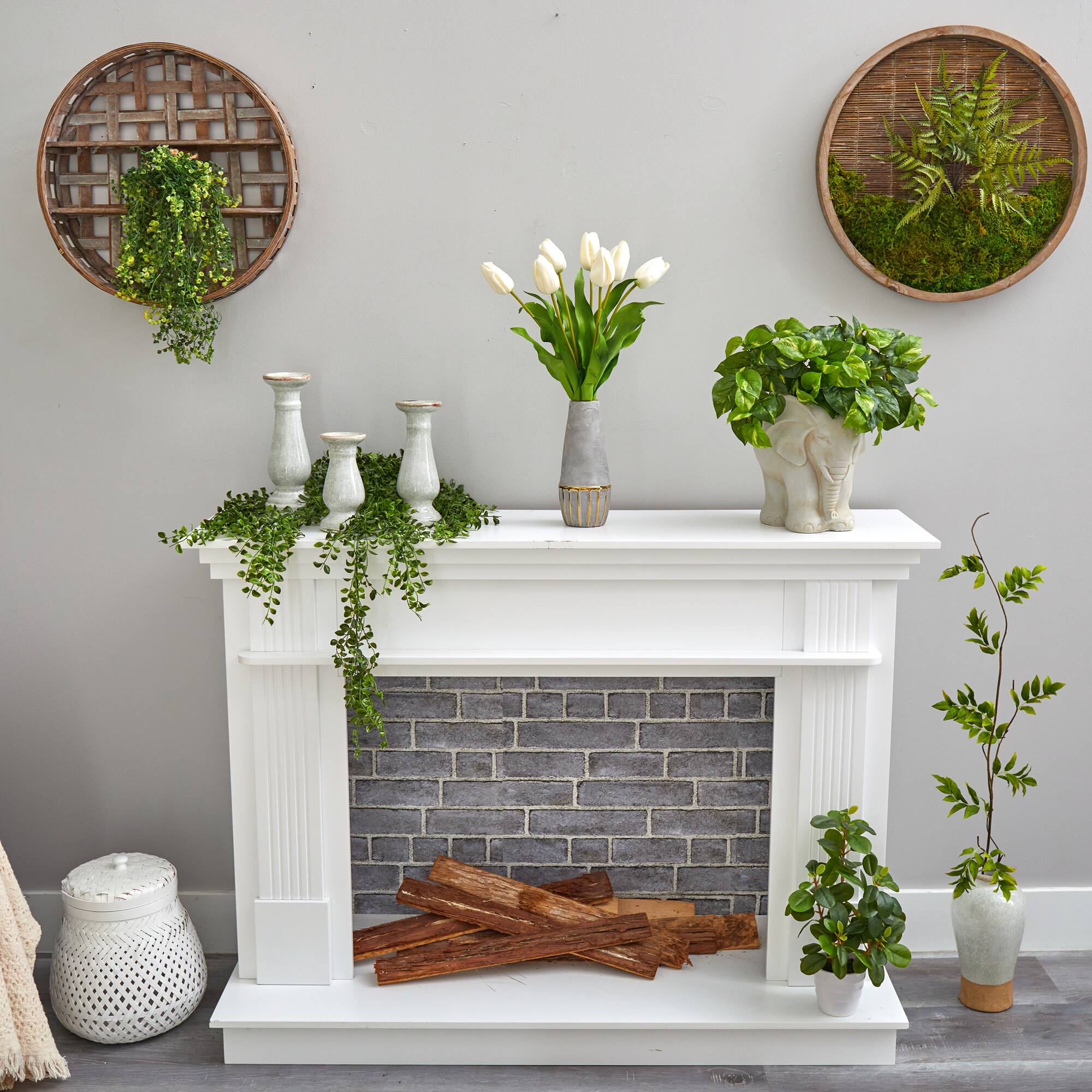 22" White Dutch Tulip Arrangement in Gold Trim Stoneware Vase