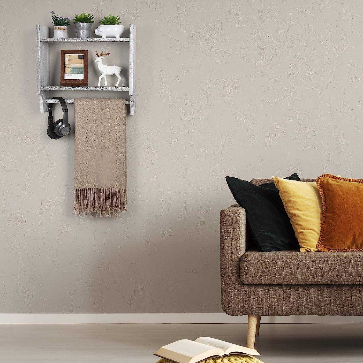 2-Tier Wood Wall Mounted Bathroom Shelf with Towel Rack