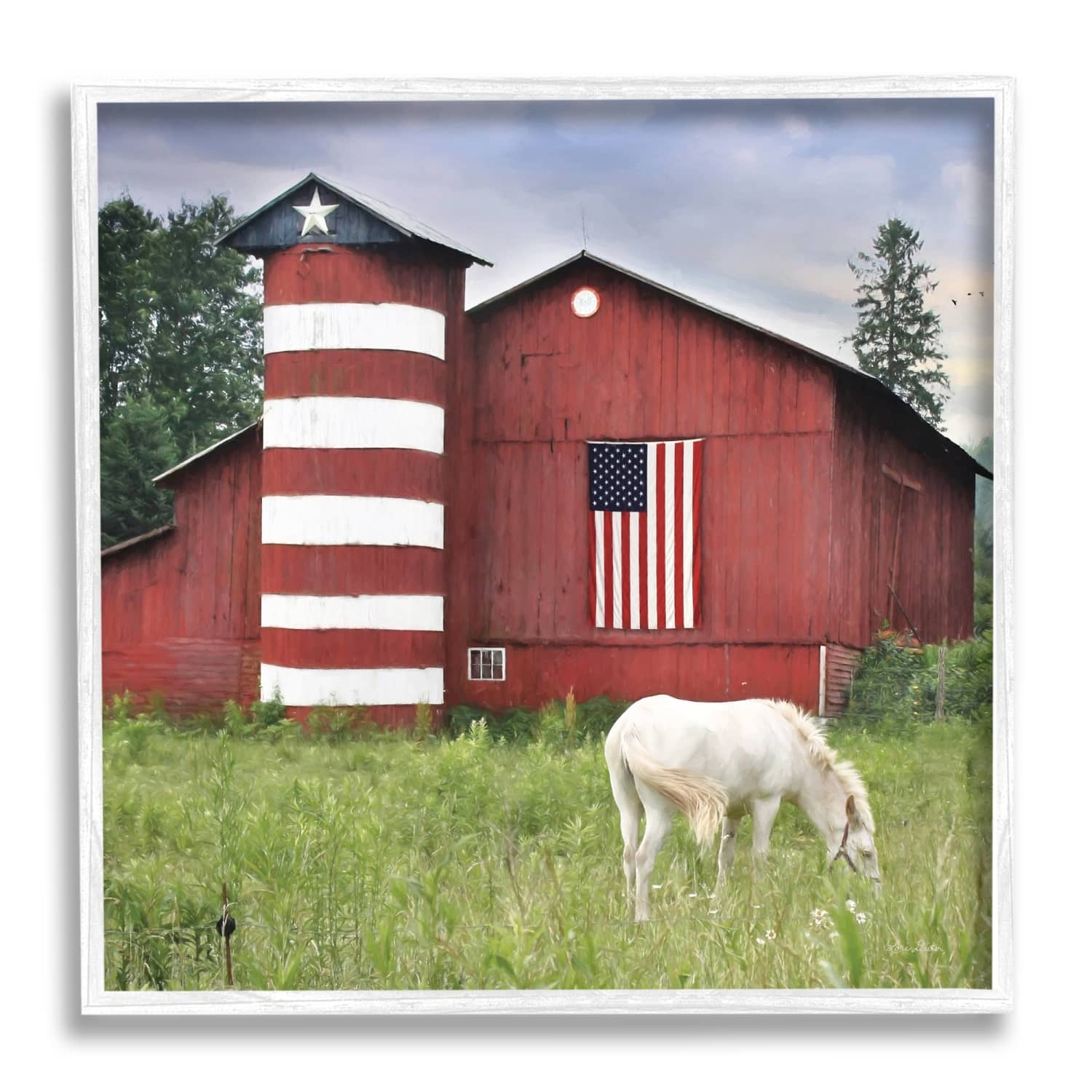 Stupell Industries Grazing White Horse Red Americana Barn Flag Framed Giclee Art