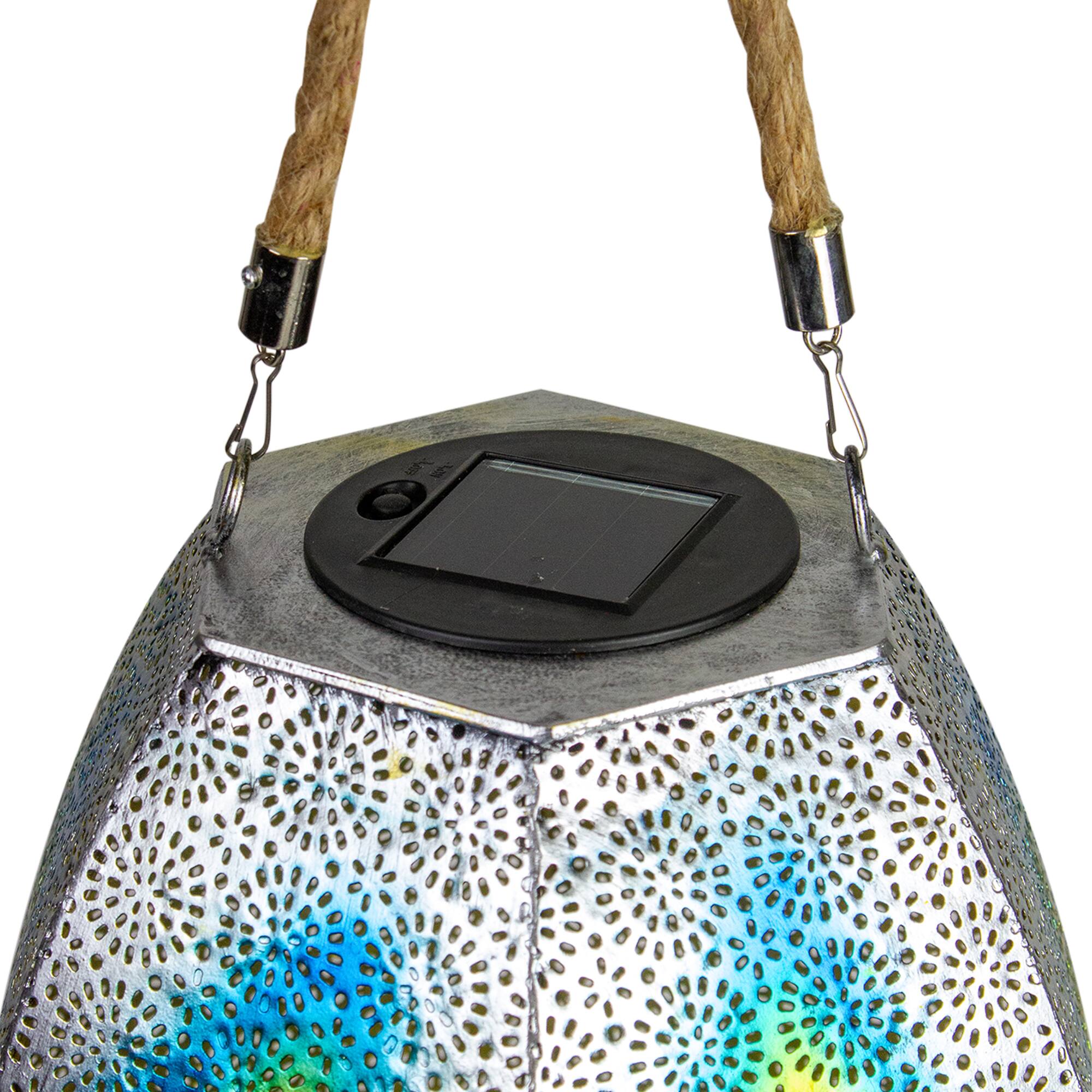 15.5" Silver Floral Outdoor Hanging Solar Lantern with Jute Handle