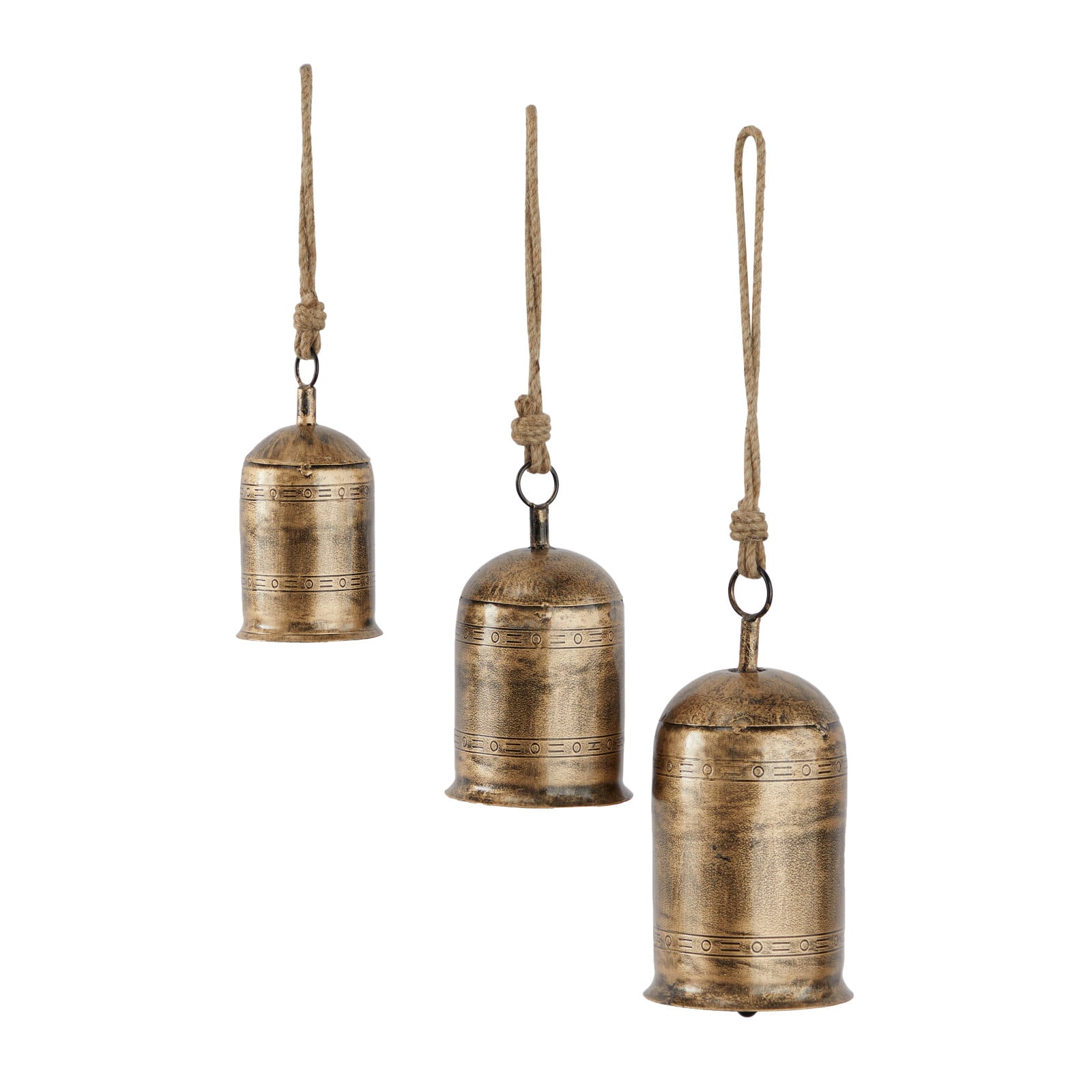 Gold Metal Bohemian Decorative Cow Bell, Set of 3&#x22; 12&#x22;, 11&#x22;, 9&#x22;