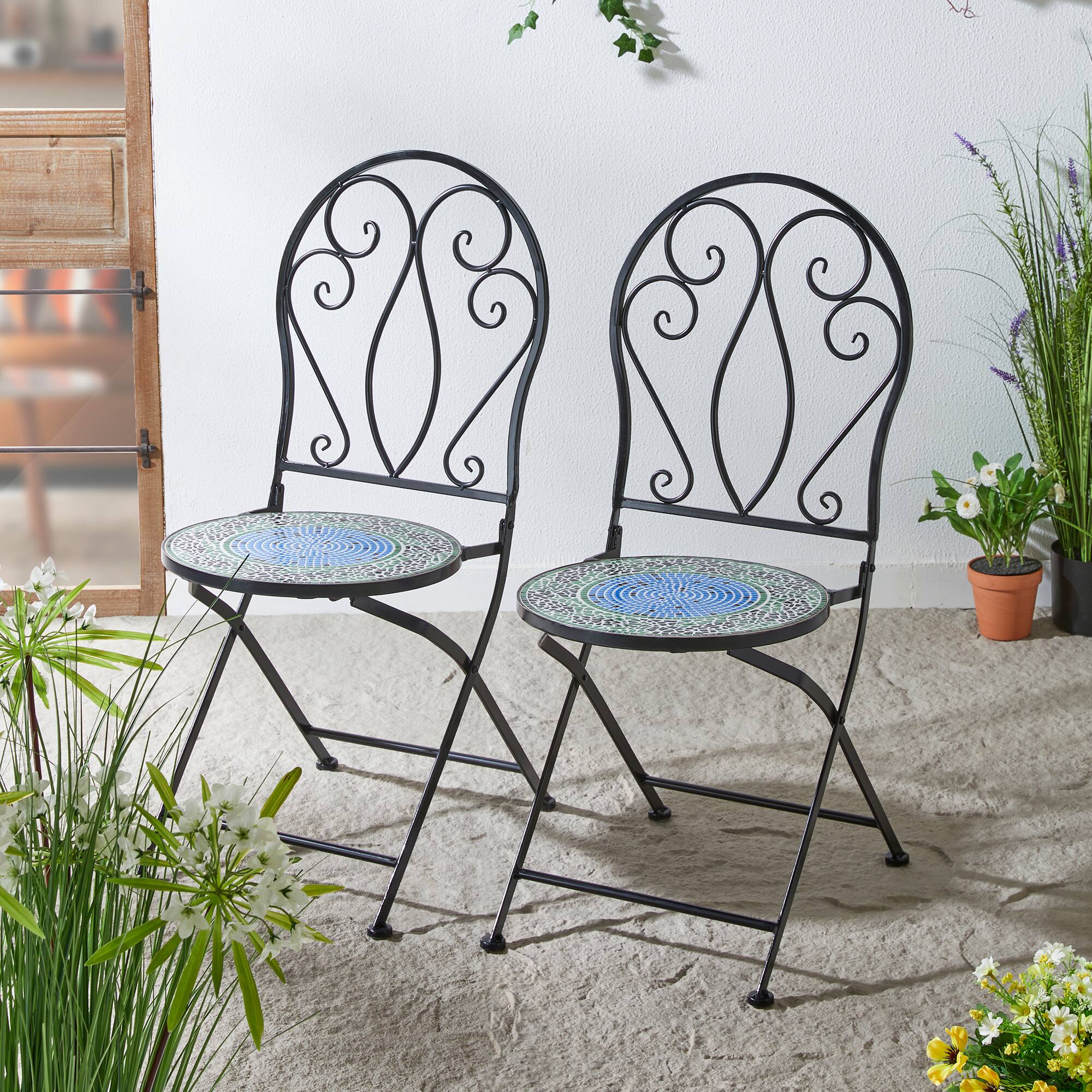 Glitzhome&#xAE; 36.5&#x22; Green Outdoor Metal Folding Bistro Chairs with Ceramic Tiles Seat, 2ct.