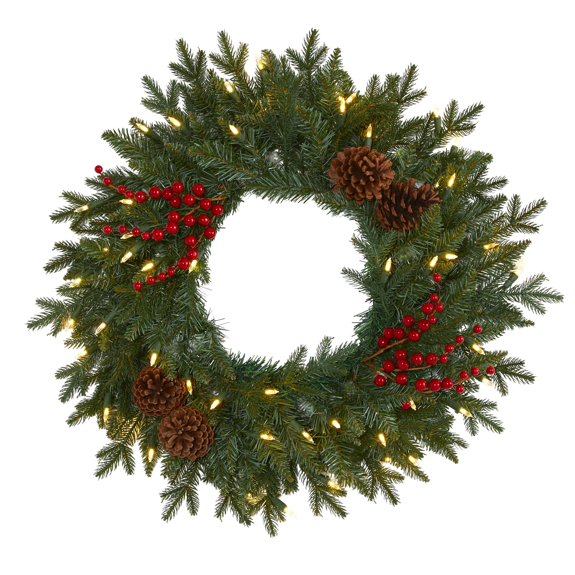 24&#x22; LED Green Pine Christmas Wreath with Berries &#x26; Pinecones