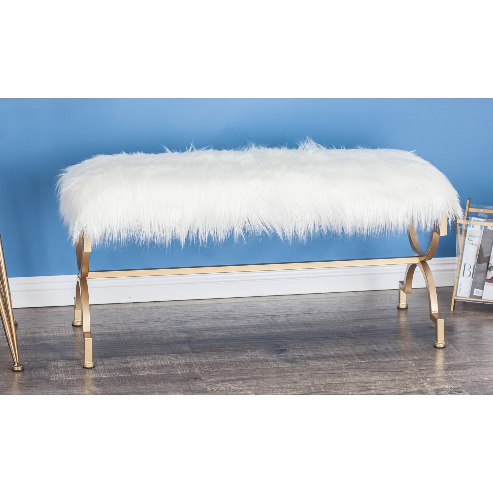 White Fur &#x26; Metal Contemporary Bench