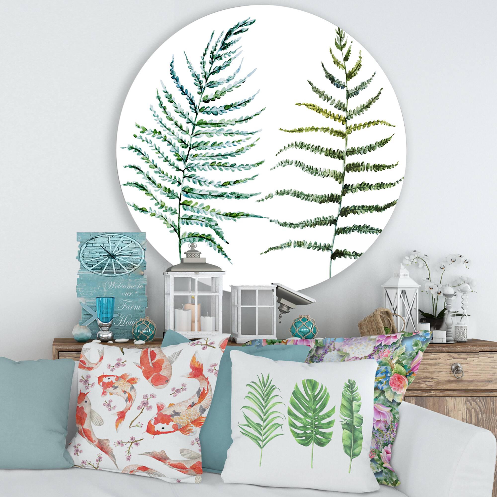 Designart - Two Fern Leaves - Farmhouse Metal Circle Wall Art