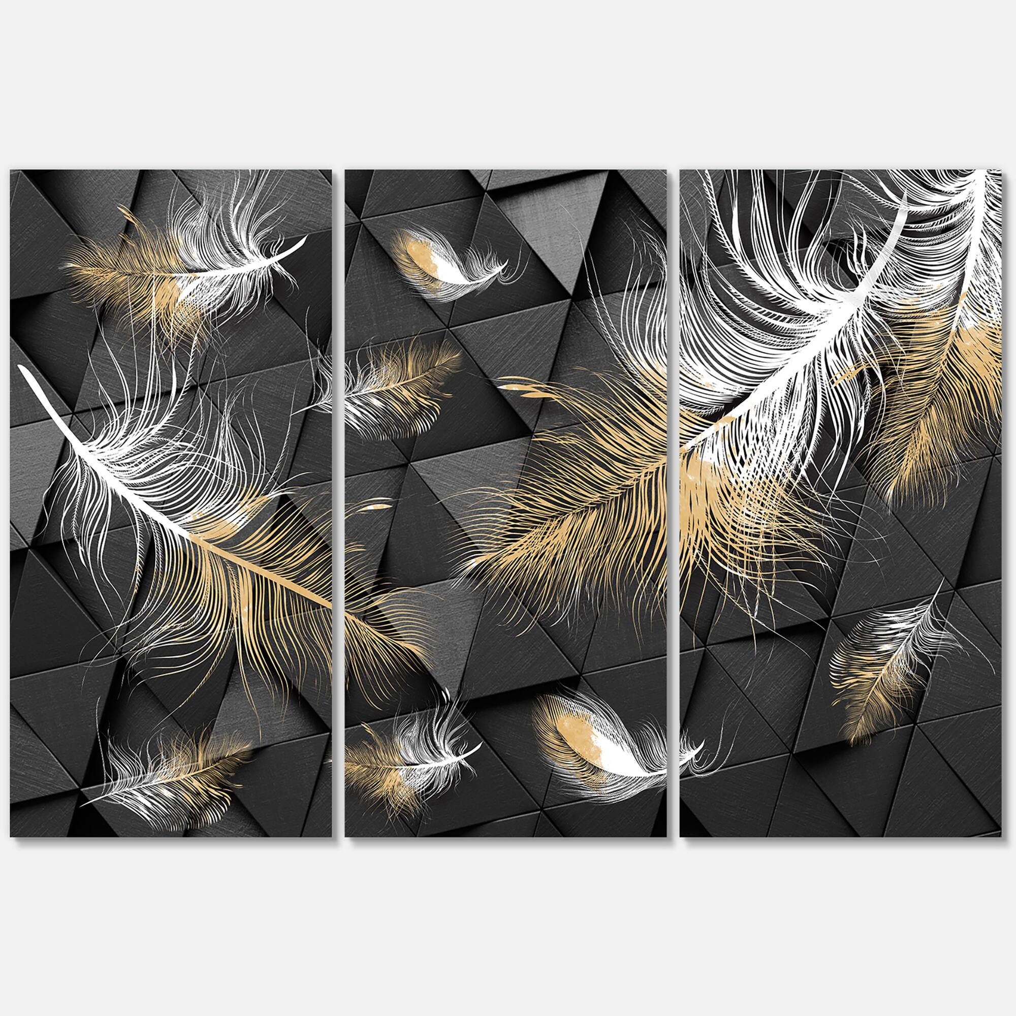 Designart - White and Gold Feathers On Triangular - Modern Canvas Wall Art Print