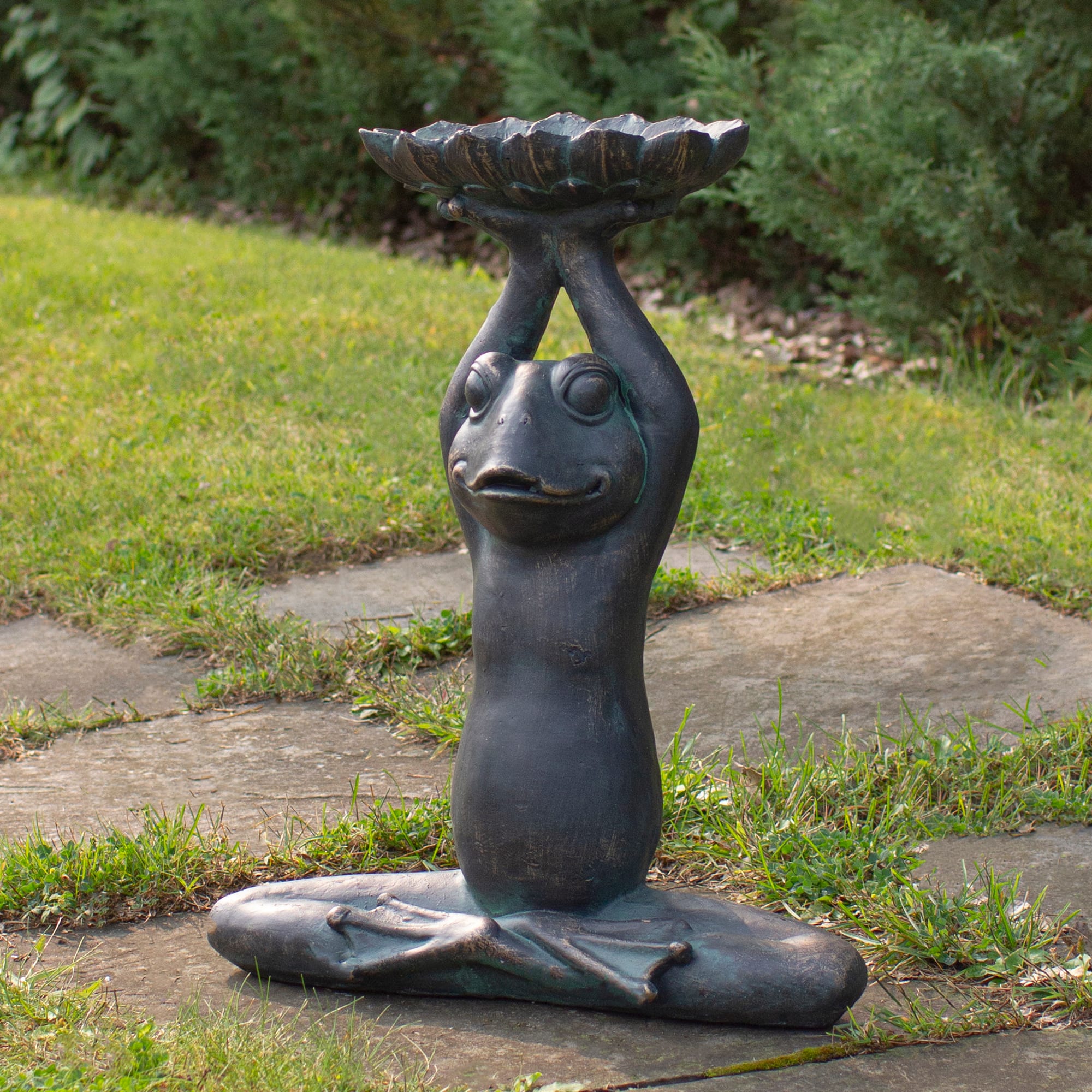 22.25&#x22; Gray Yoga Frog With Bird Feeder Outdoor Garden Statue
