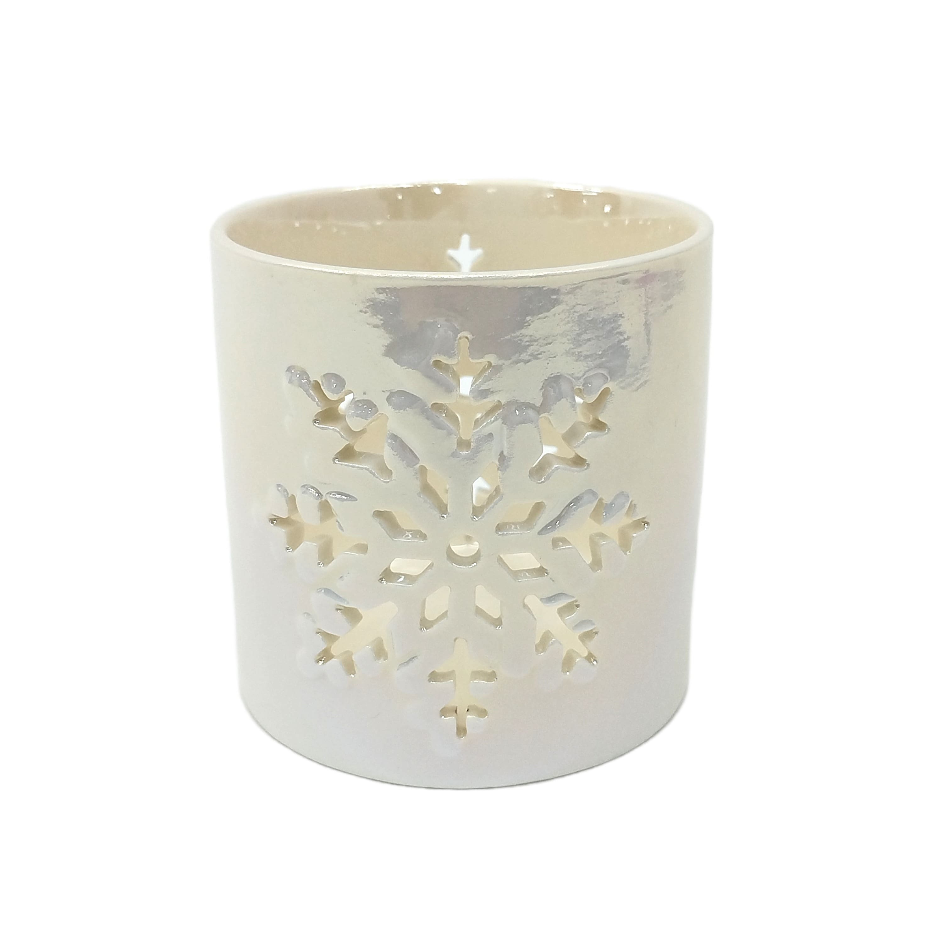 3.5&#x22; White Iridescent Snowflake Ceramic Candle Holder by Ashland&#xAE;