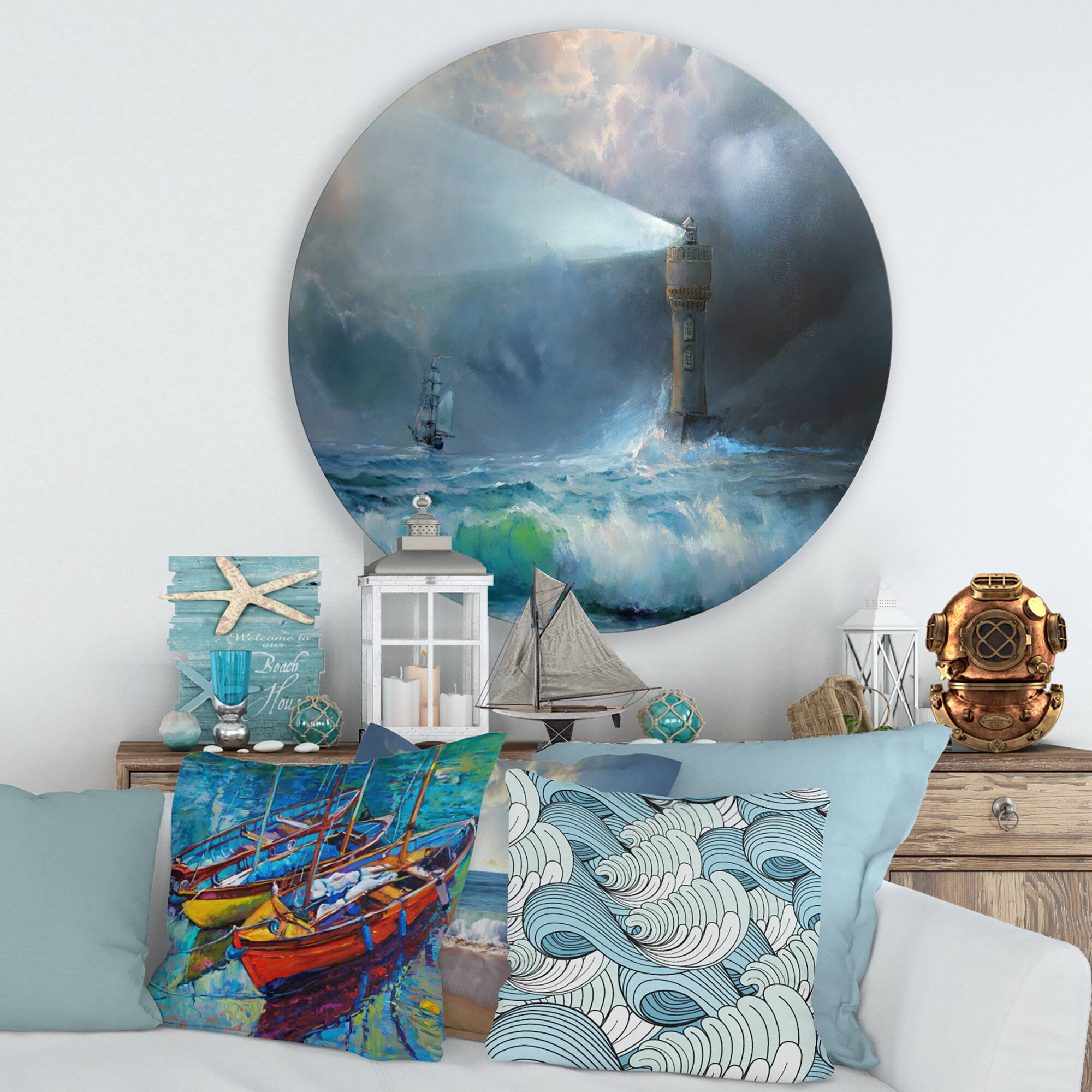Designart - Lighthouse Shining Light During Stormy Night II - Nautical & Coastal Metal Circle Wall Art