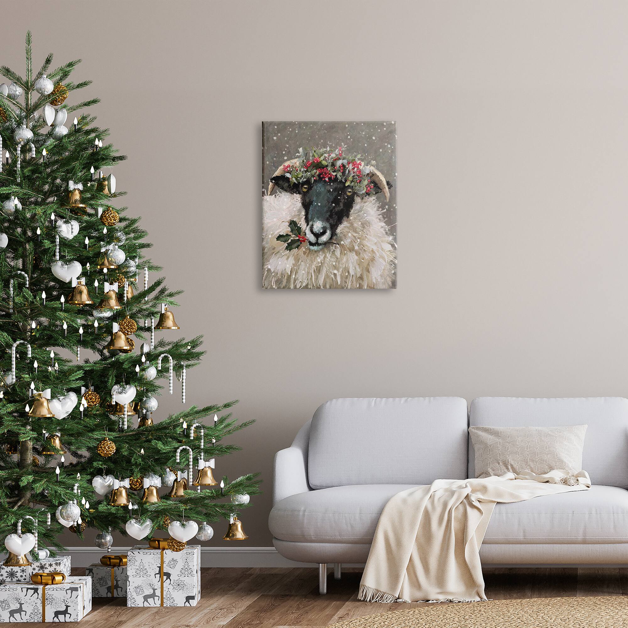 Stupell Industries Holiday Berries Farmhouse Sheep Canvas Wall Art