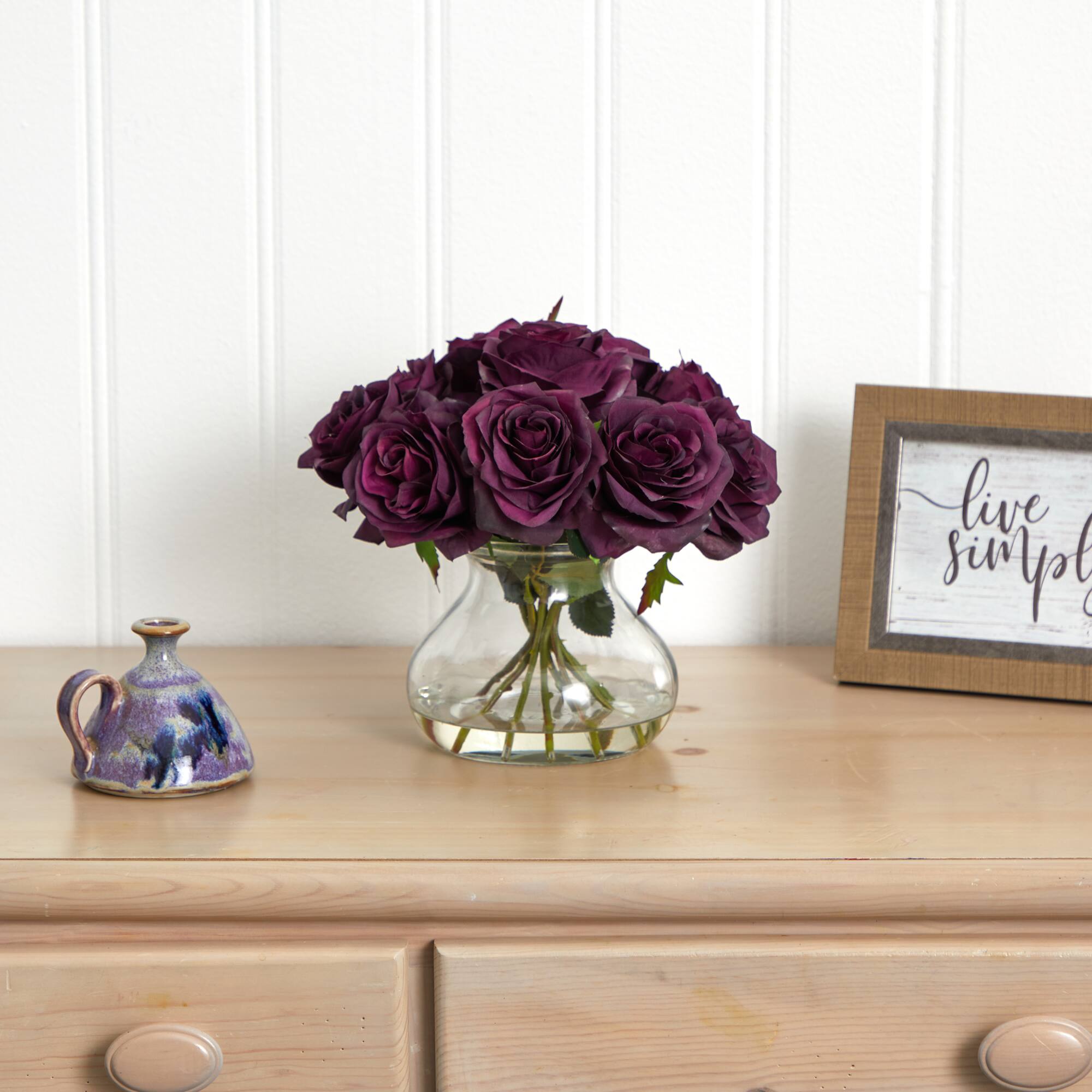 11" Purple Rose Arrangement with Clear Glass Vase