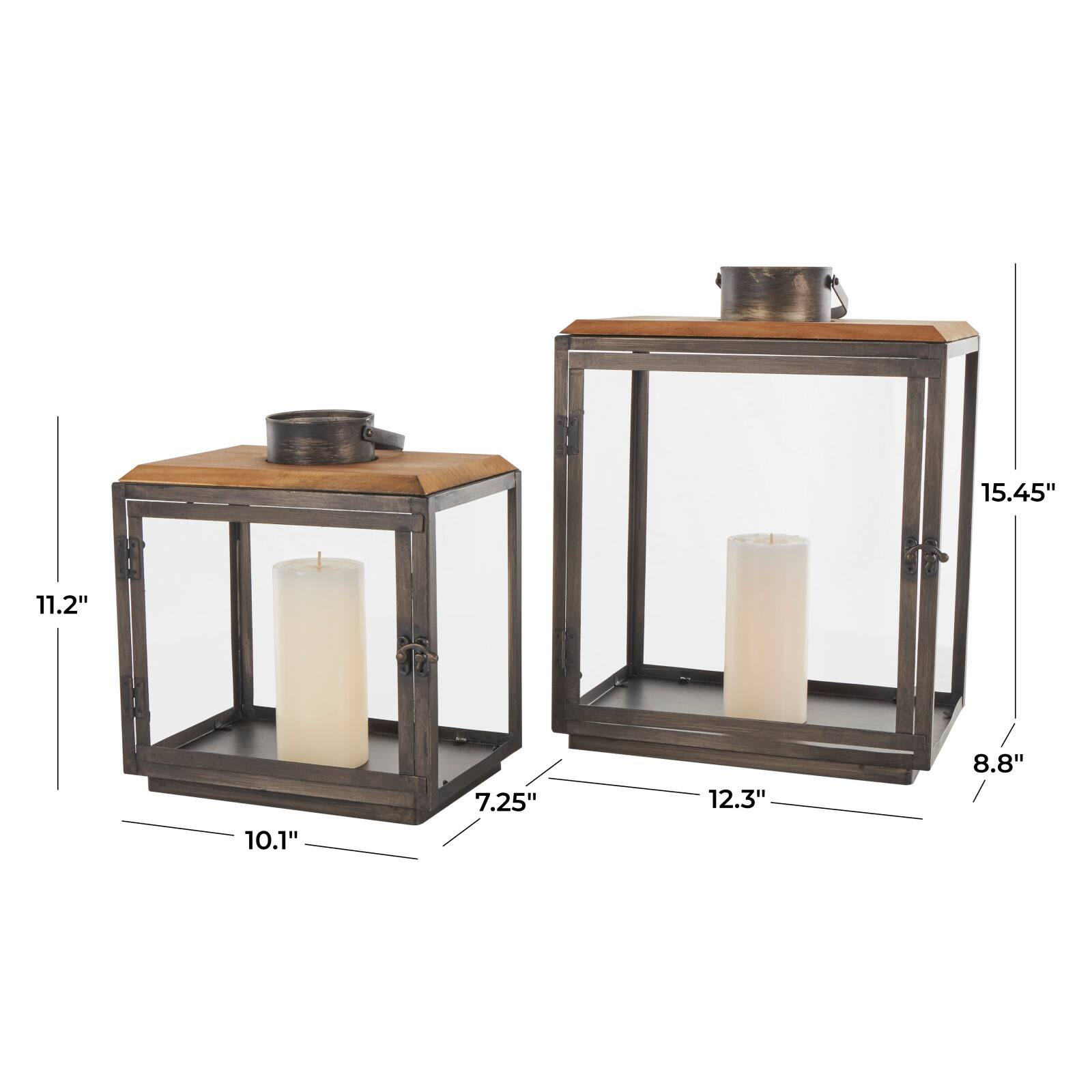 Dark Gray Brushed & Wood Top Rectangular Candle Lantern Set